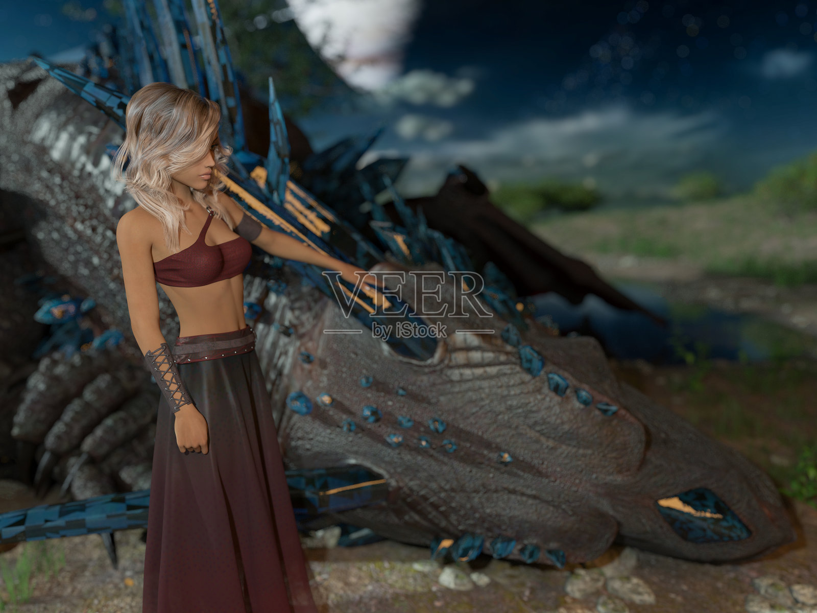 一个女人摸着睡着的龙的插图照片摄影图片