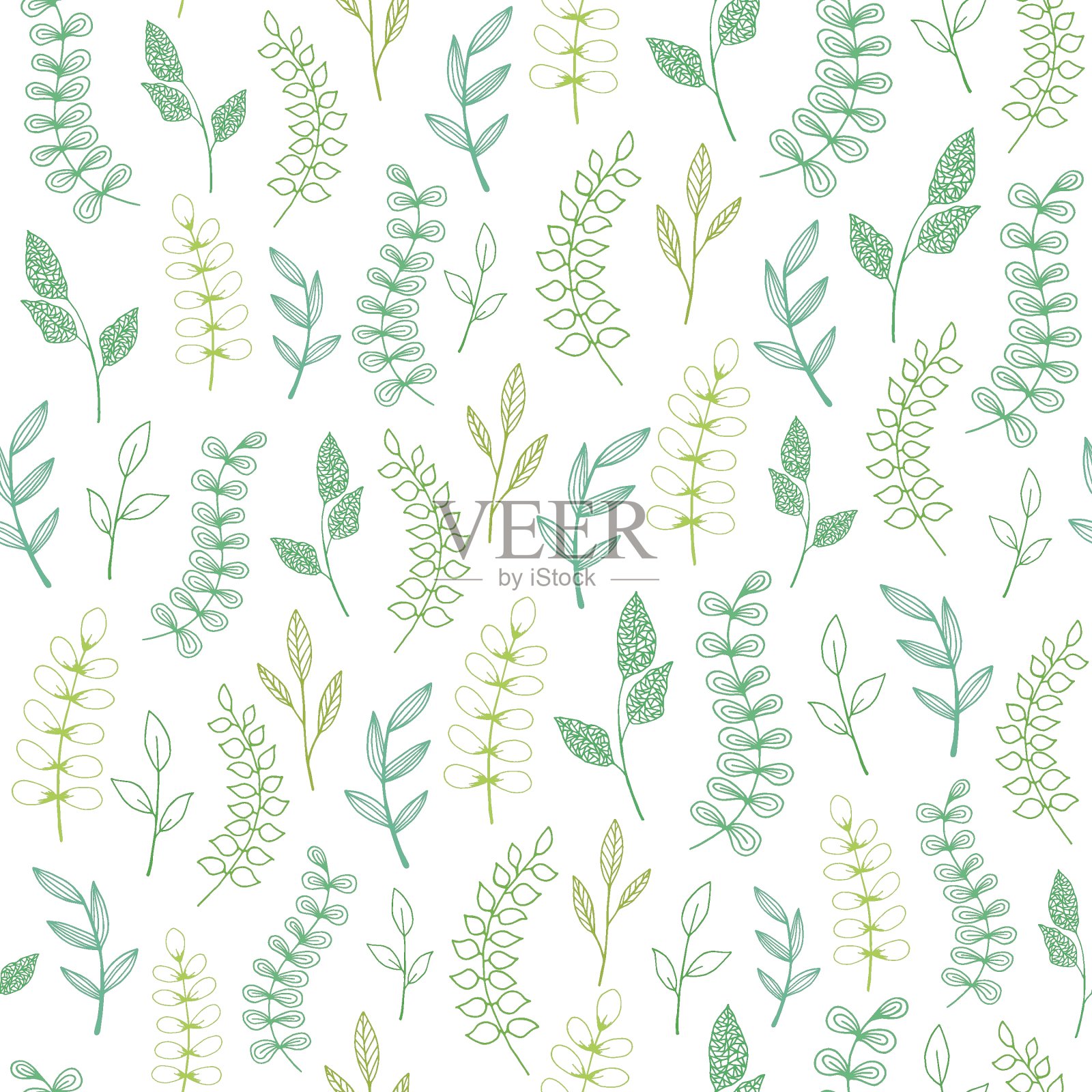手绘装饰无缝图案不同的叶、枝、草。花卉元素。可爱的轮廓涂鸦素描插图贺卡，邀请，墙纸，包装纸插画图片素材