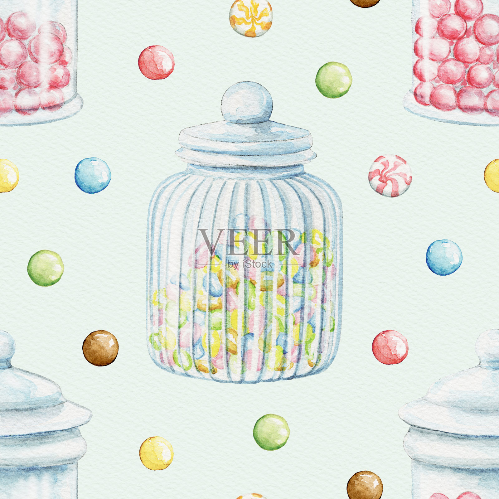 水彩无缝模式与糖果玻璃罐与彩色糖果在绿色的背景设计元素图片