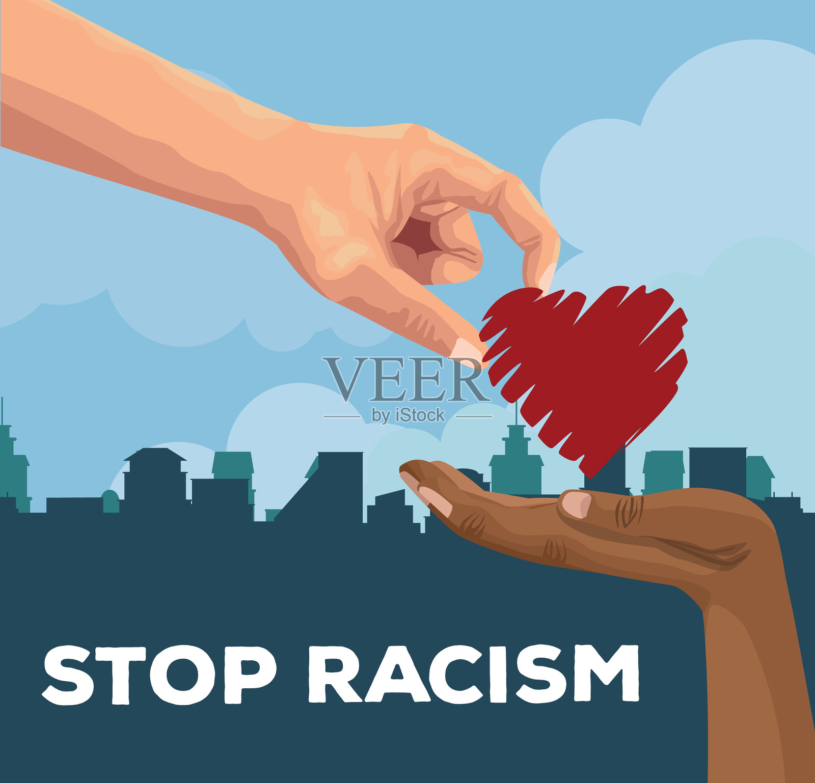 跨种族的手与心脏停止种族主义运动插画图片素材
