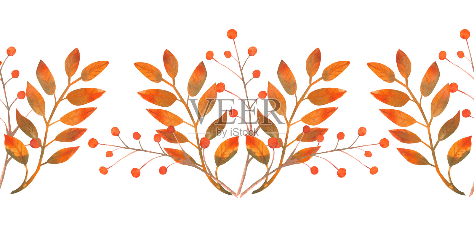 秋天的落叶,浆果。重复着夏天的水平边界。花水彩。贺卡或请柬的作文。水彩插图插画图片素材