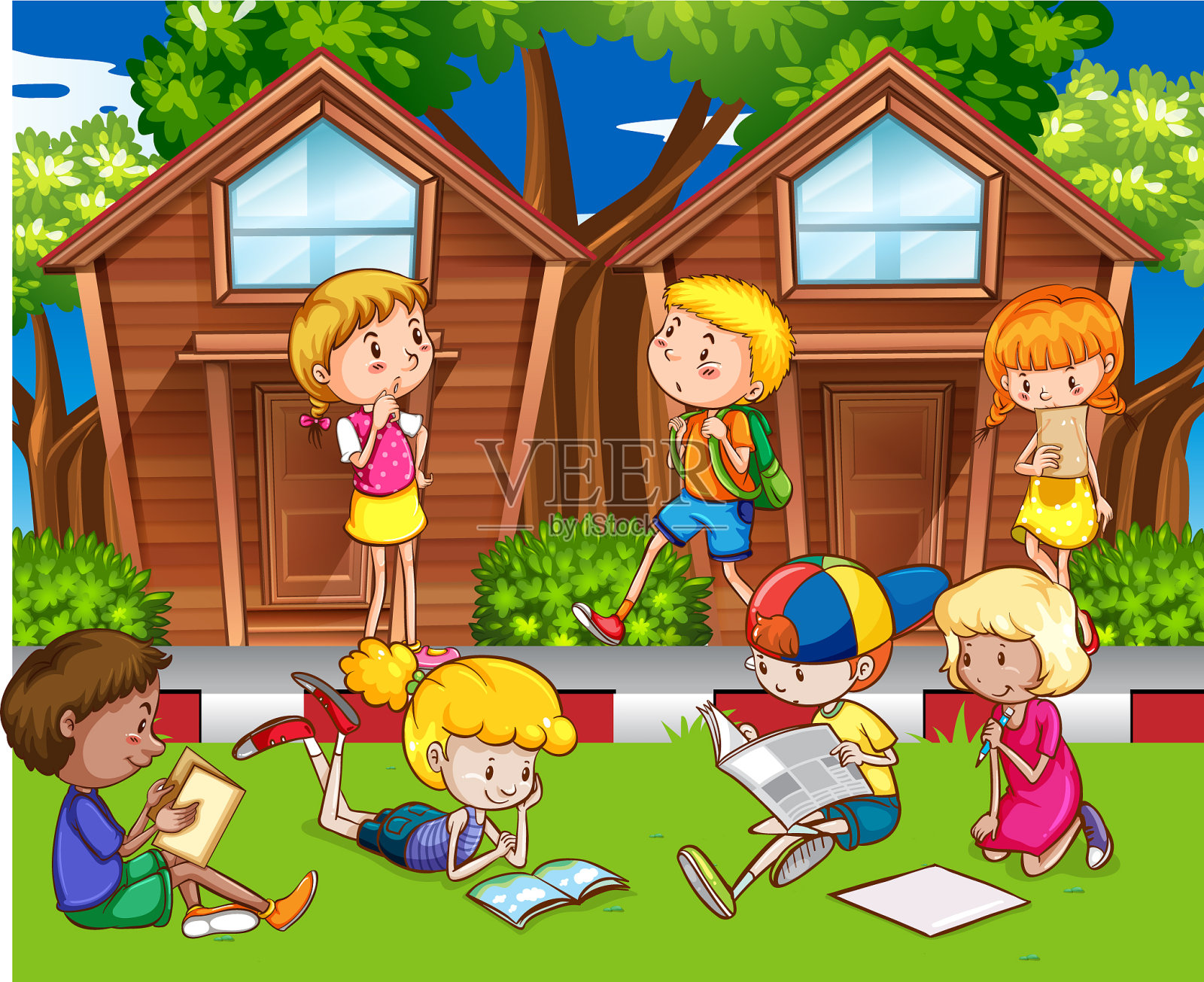 场景中有许多孩子在看书和玩耍插画图片素材