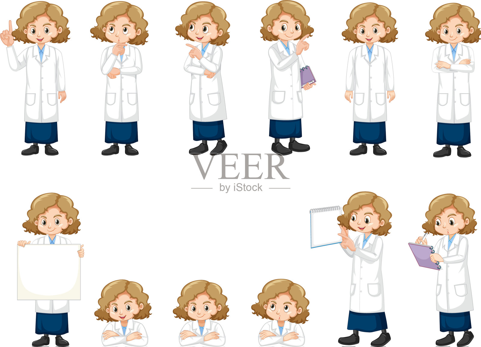 穿着实验服的女孩做不同的表演插画图片素材