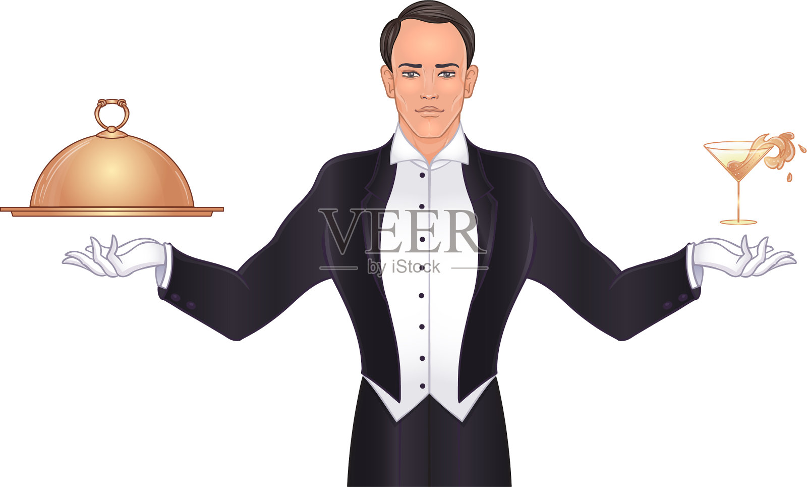 优雅的复古侍者站在托盘和设计元素图片