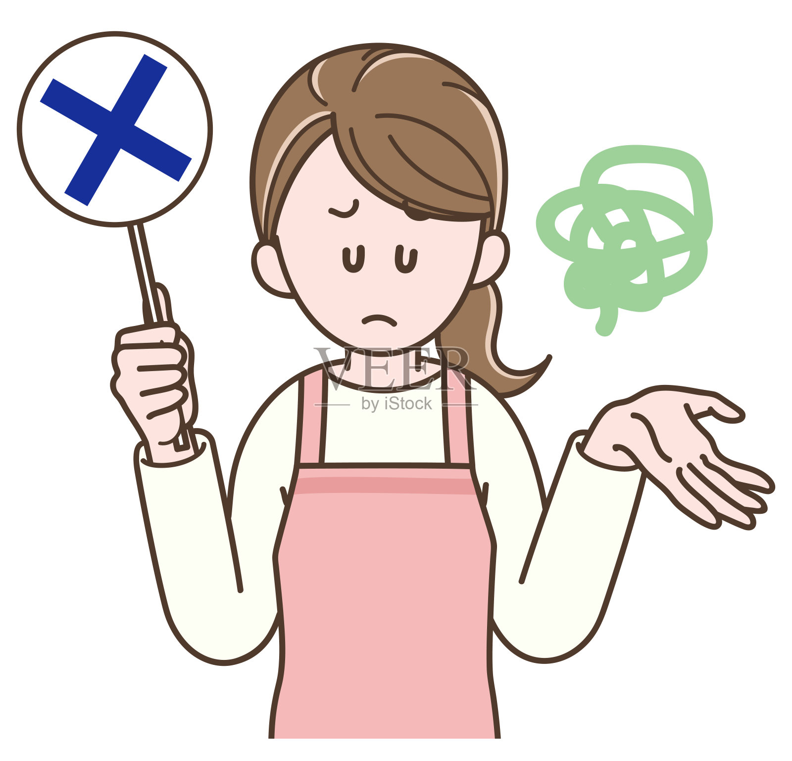 穿着围裙的家庭主妇举着错误的牌子插画图片素材