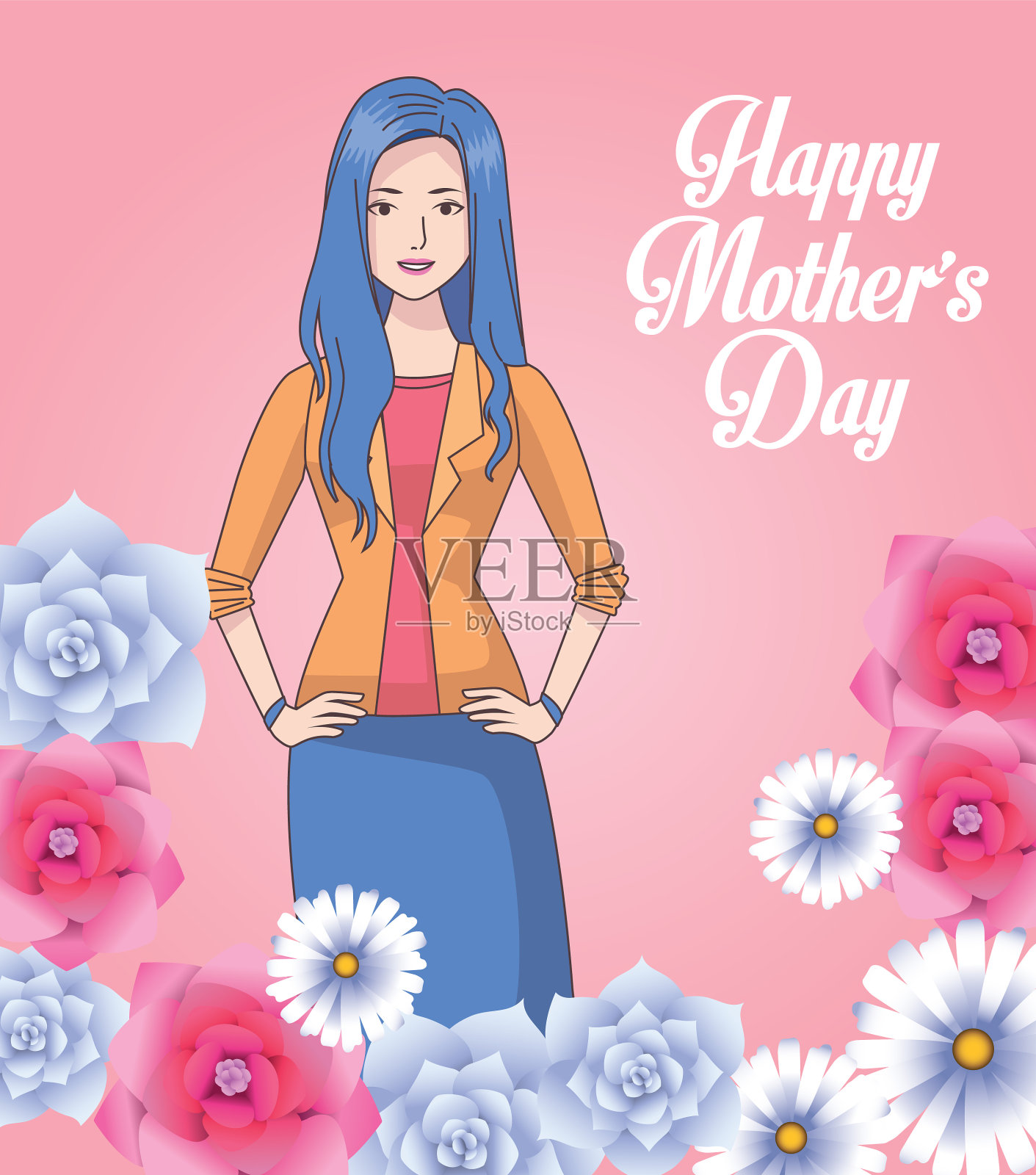 有妈妈和鲜花的母亲节贺卡插画图片素材