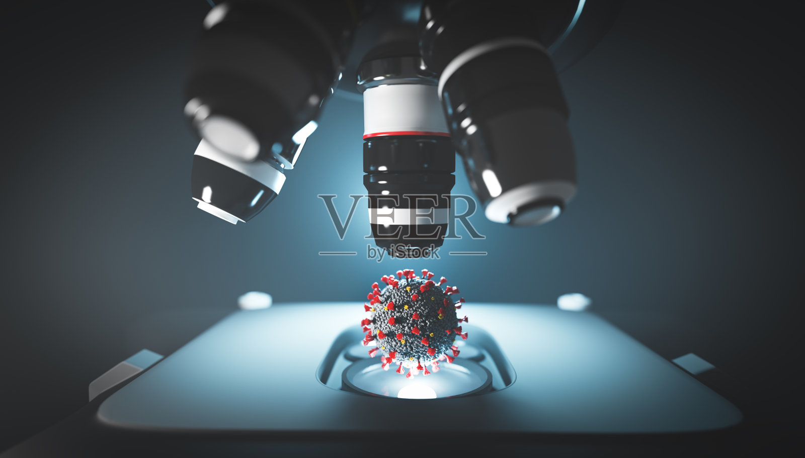 显微镜下的冠状病毒新冠肺炎研究。冠状病毒细胞分析。照片摄影图片