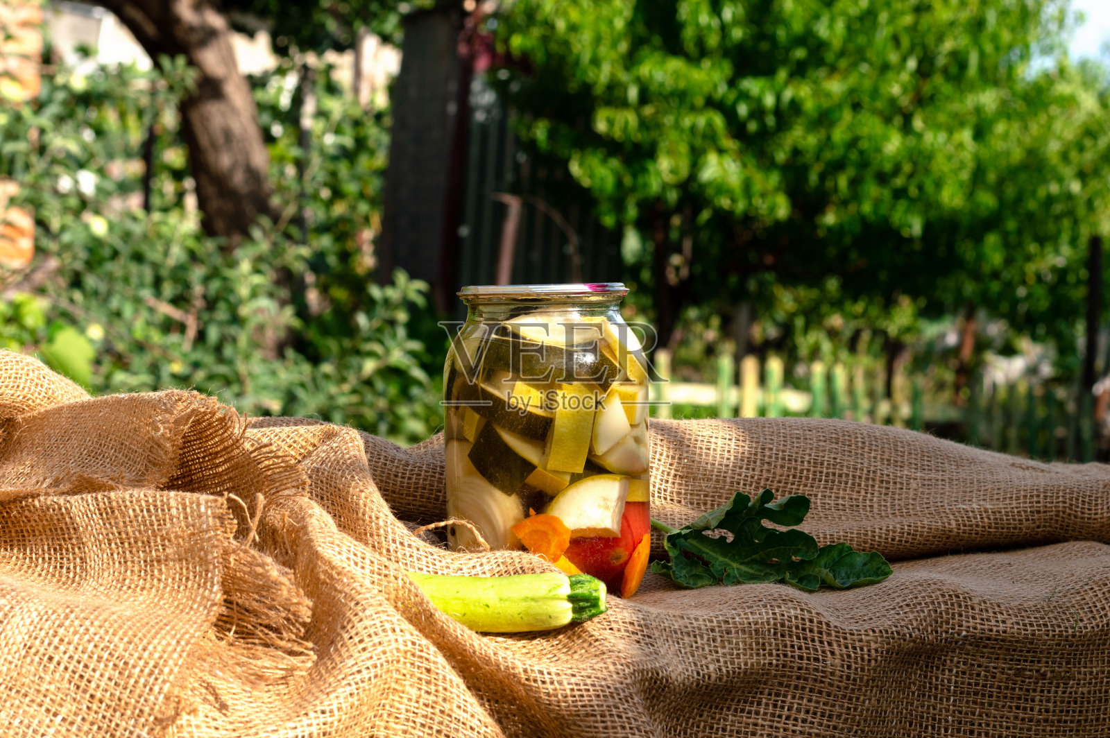 西葫芦罐头，食谱:西红柿，胡萝卜和香料在粗糙的织物上，背景是一个夏天的乡村花园。具有插入一段文本的能力的背景照片摄影图片