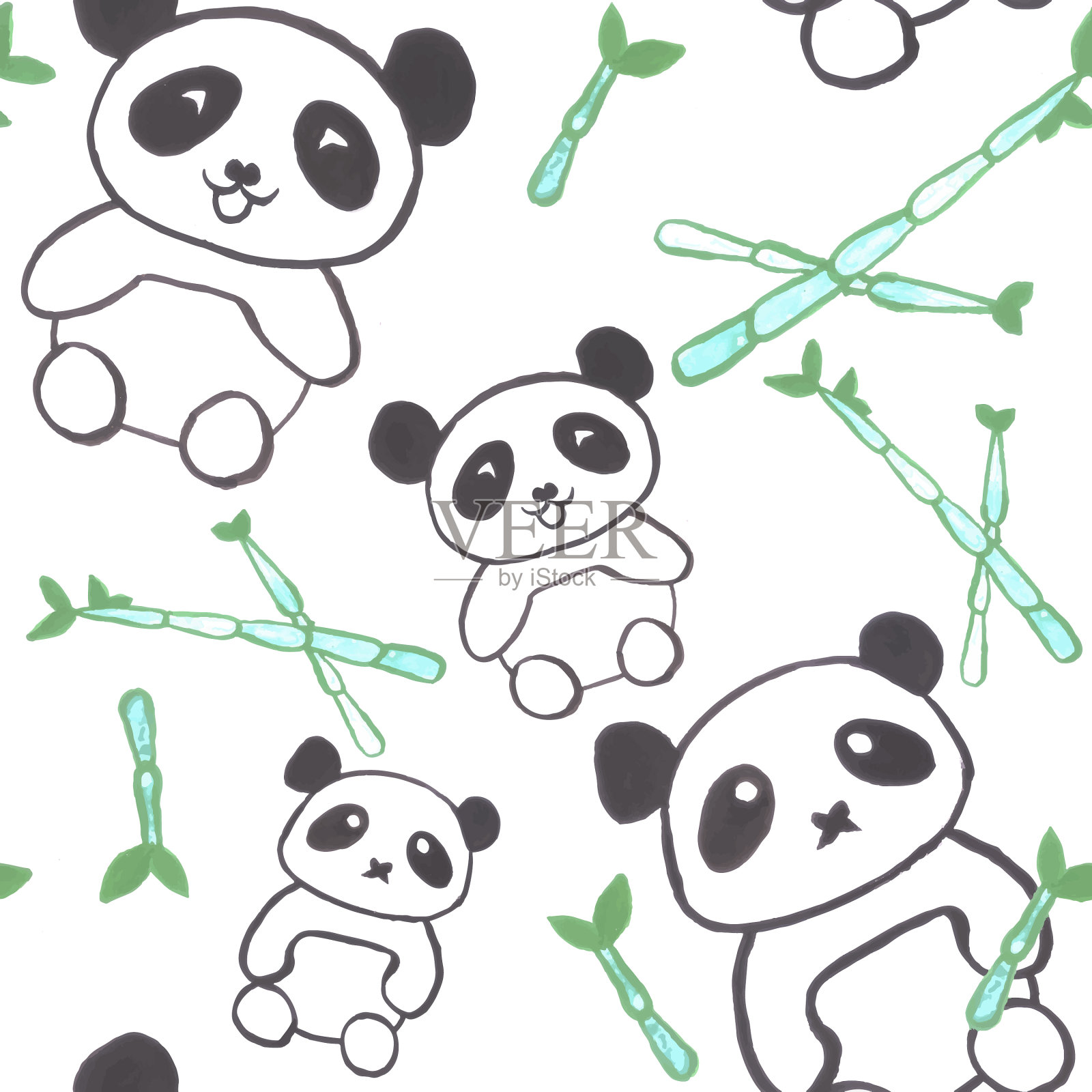 水彩画熊猫用竹笋无缝衔接插画图片素材