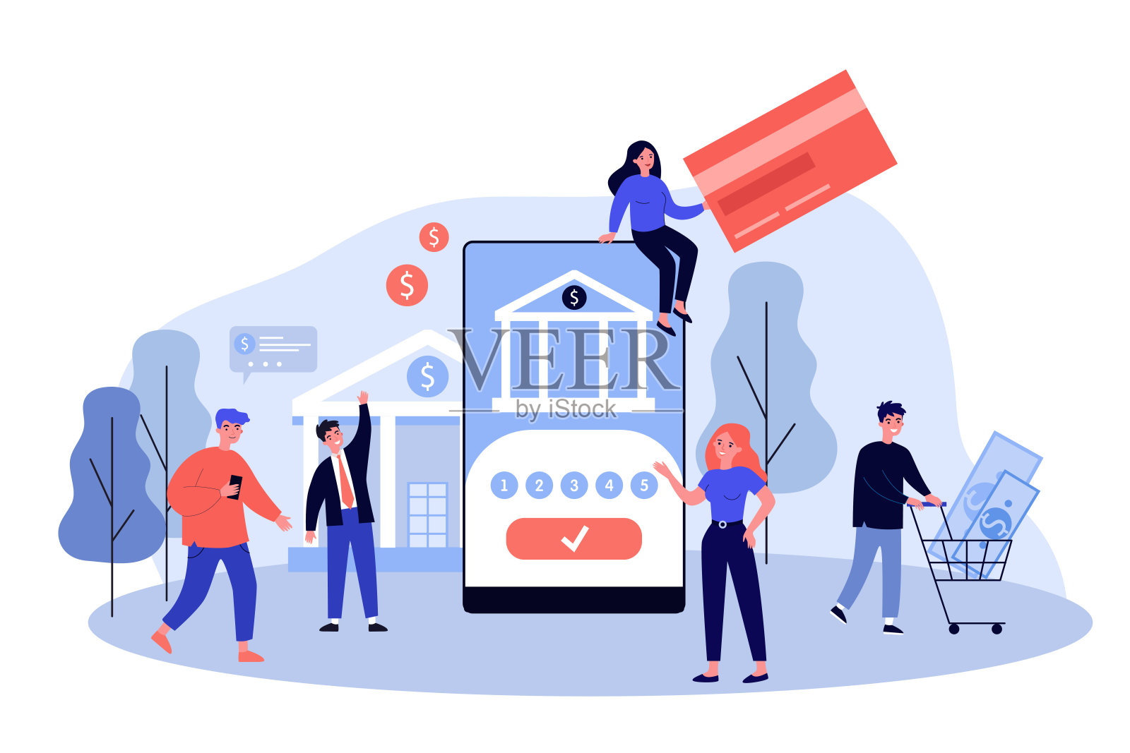 人们使用智能手机进行在线支付插画图片素材