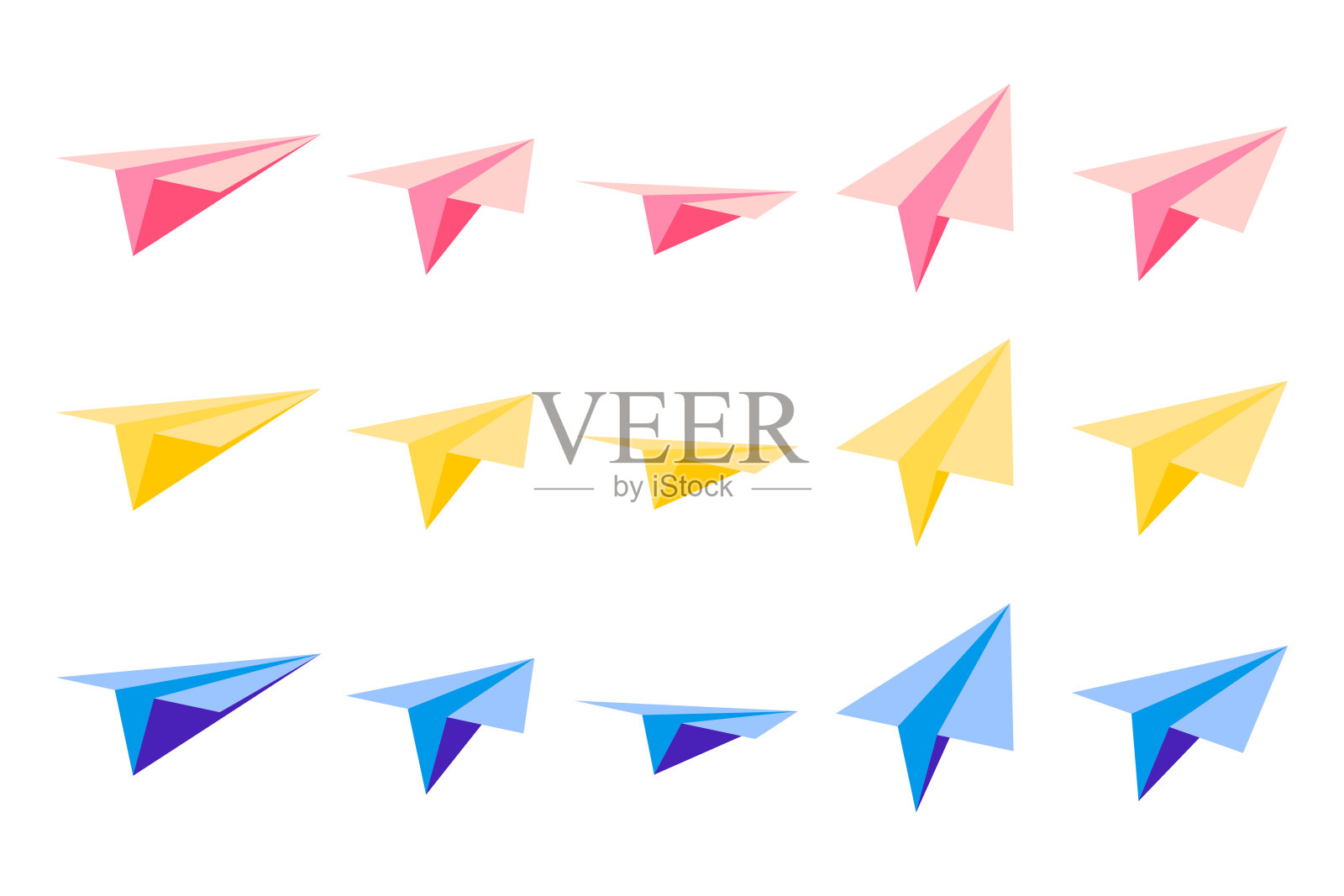 一套矢量卡通插图与折纸飞机从不同的侧面在白色背景上的观点。插画图片素材