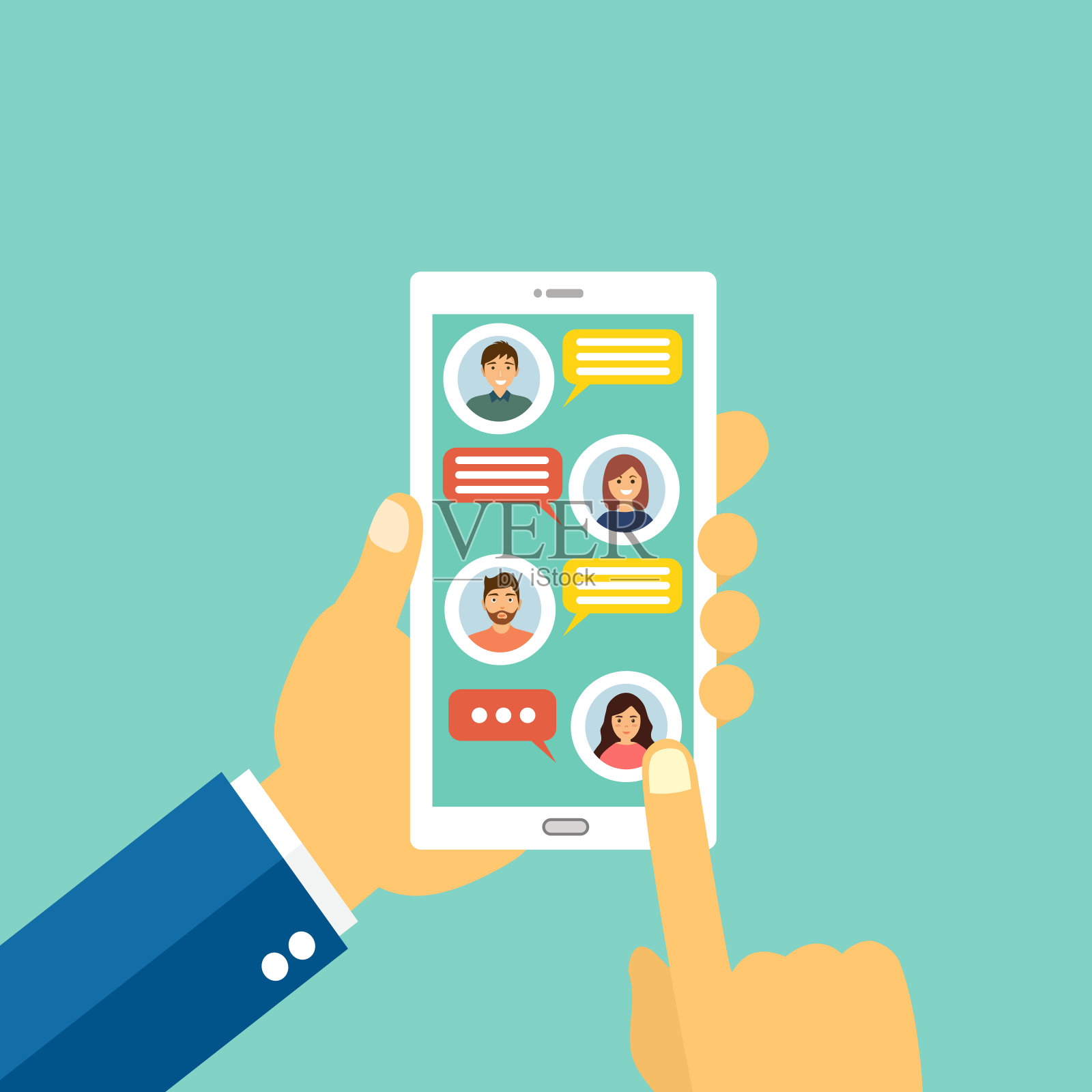 男人聊天他的朋友或同事在智能手机矢量图概念。手与手机和聊天气泡演讲。在线聊天。短消息服务。SMS信使。插画图片素材