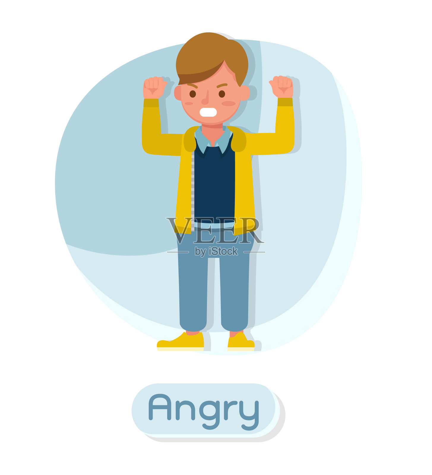 儿童角色矢量设计。表现在各种动作中带有情绪和愤怒。插画图片素材