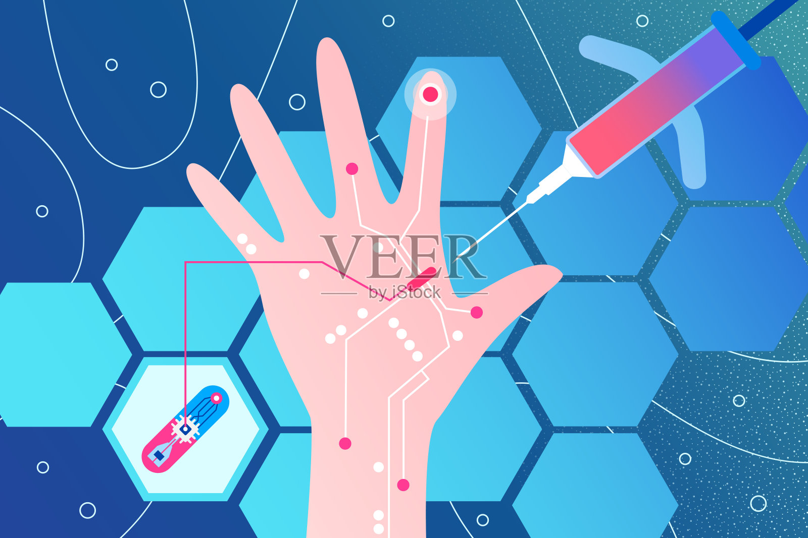 阴谋论-人体注射疫苗。芯片在皮肤上。微芯片。未来技术的概念插画图片素材