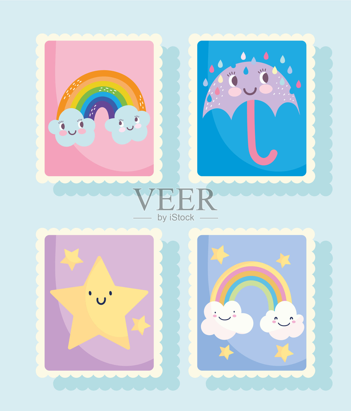 可爱的邮票天气彩虹云伞下雨插画图片素材