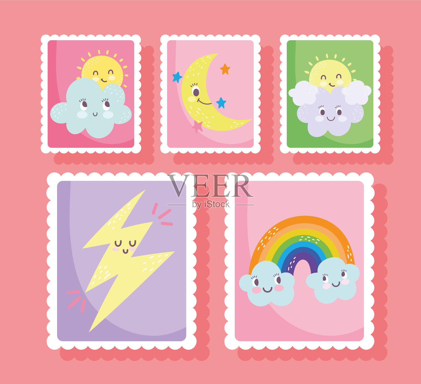 可爱的邮票卡通云月亮太阳彩虹插画图片素材