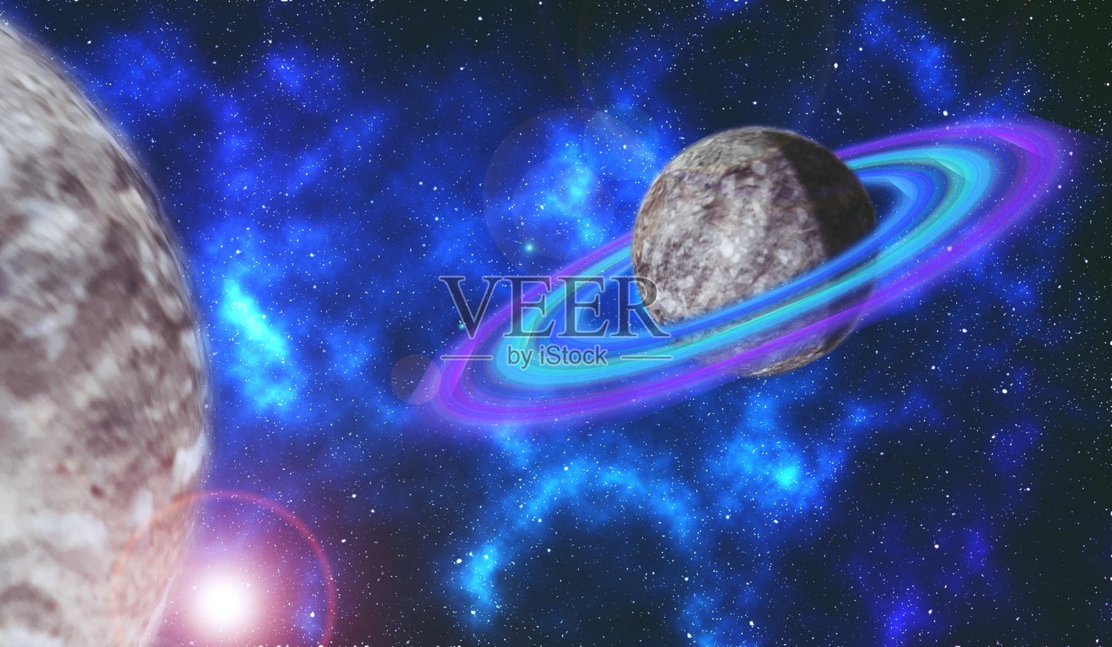 蓝色的太空背景与土星与彩色环和小行星近距离接触照片摄影图片