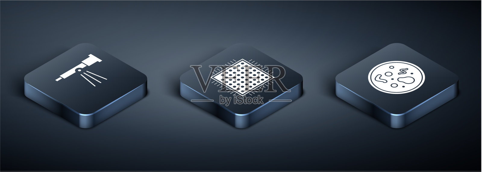 设置等距望远镜细菌和处理器图标素材