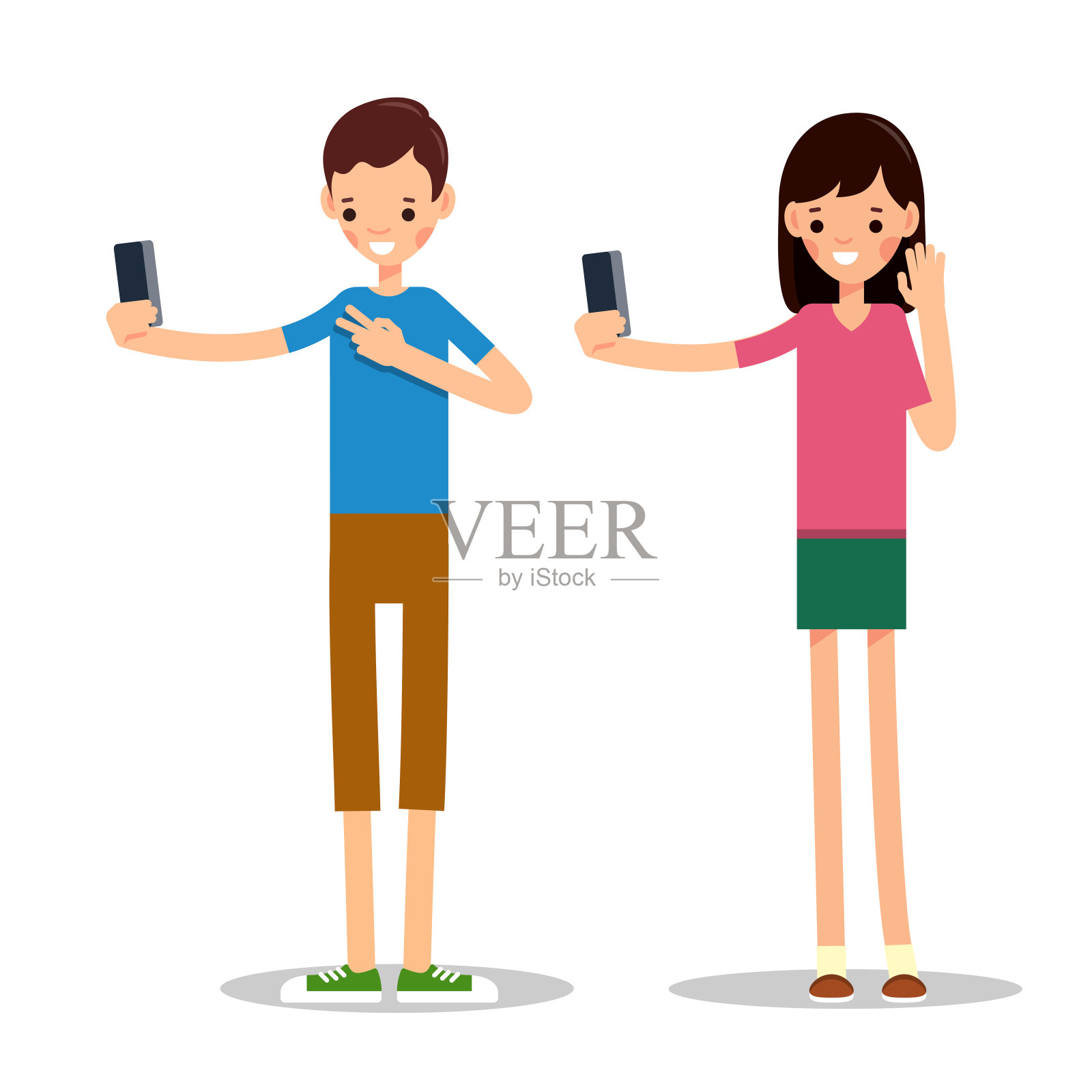 男孩和女孩有手机。男人和女人自拍插画图片素材