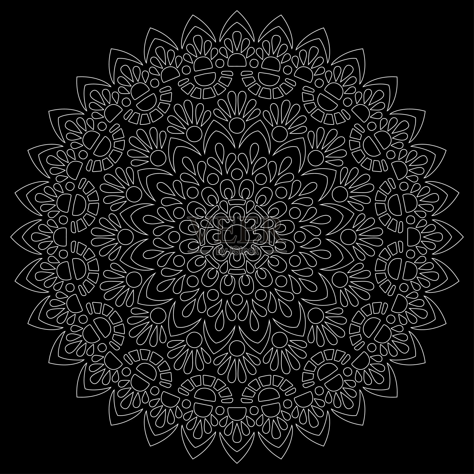 白色轮廓曼荼罗在黑色涂鸦素描插画图片素材