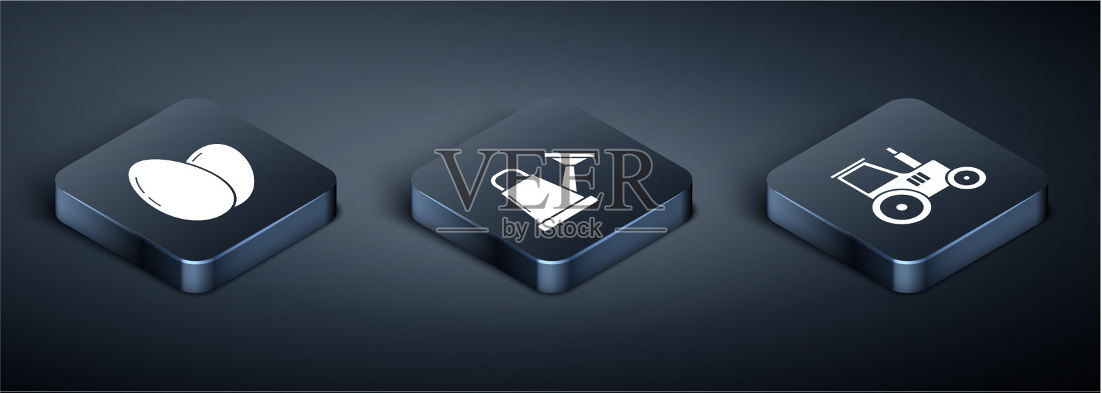 设置等距鸡蛋拖拉机和浇水图标素材