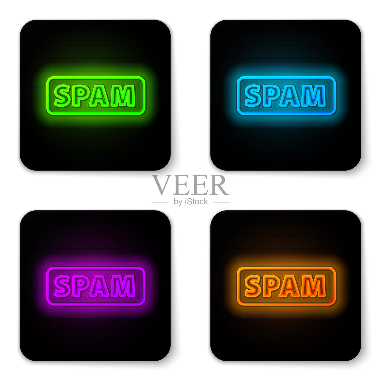 发光的霓虹线垃圾邮件图标孤立的白色背景。黑色方形按钮。向量插画图片素材