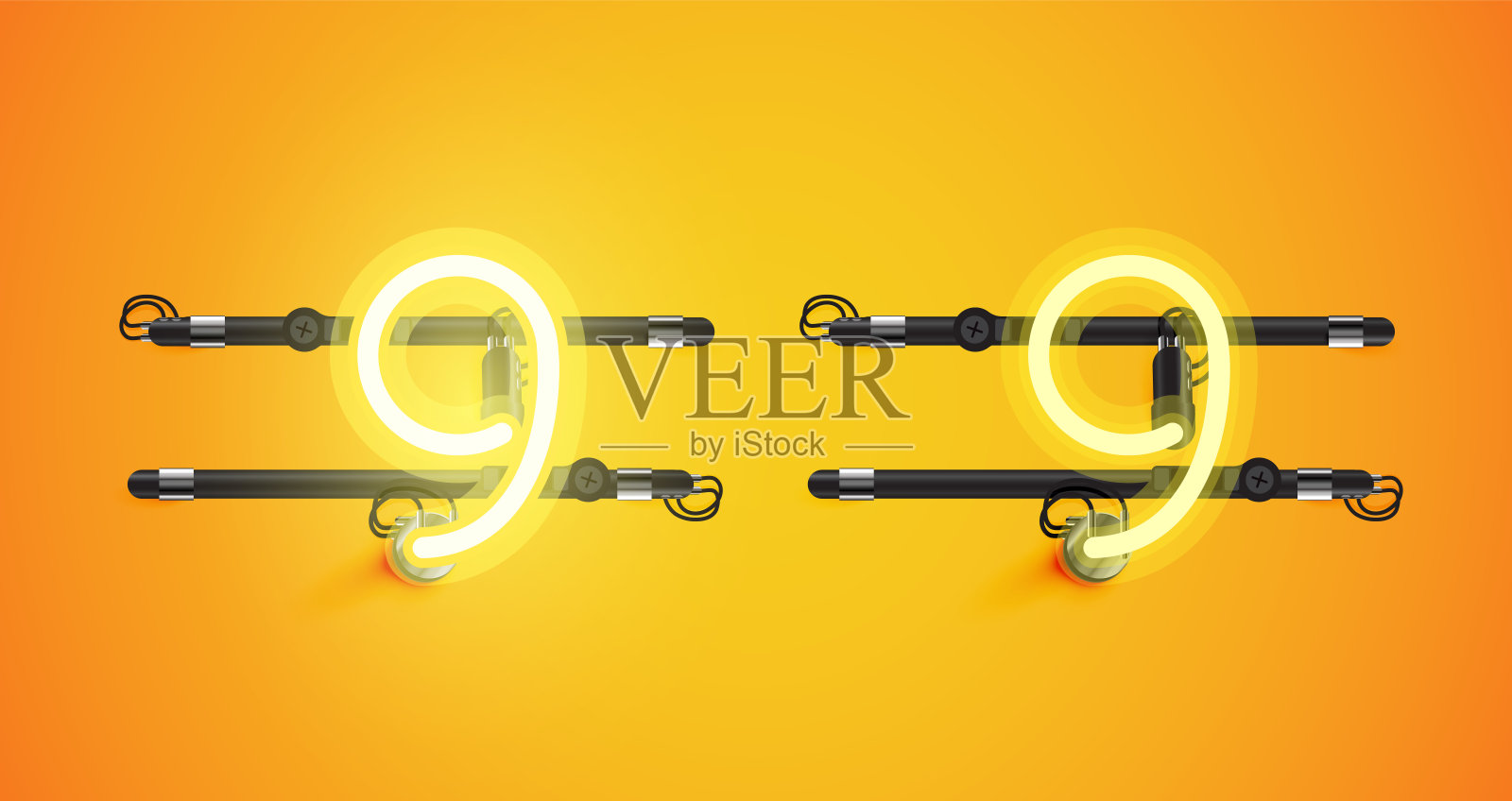 逼真的发光黄色霓虹灯字符的开关插画图片素材