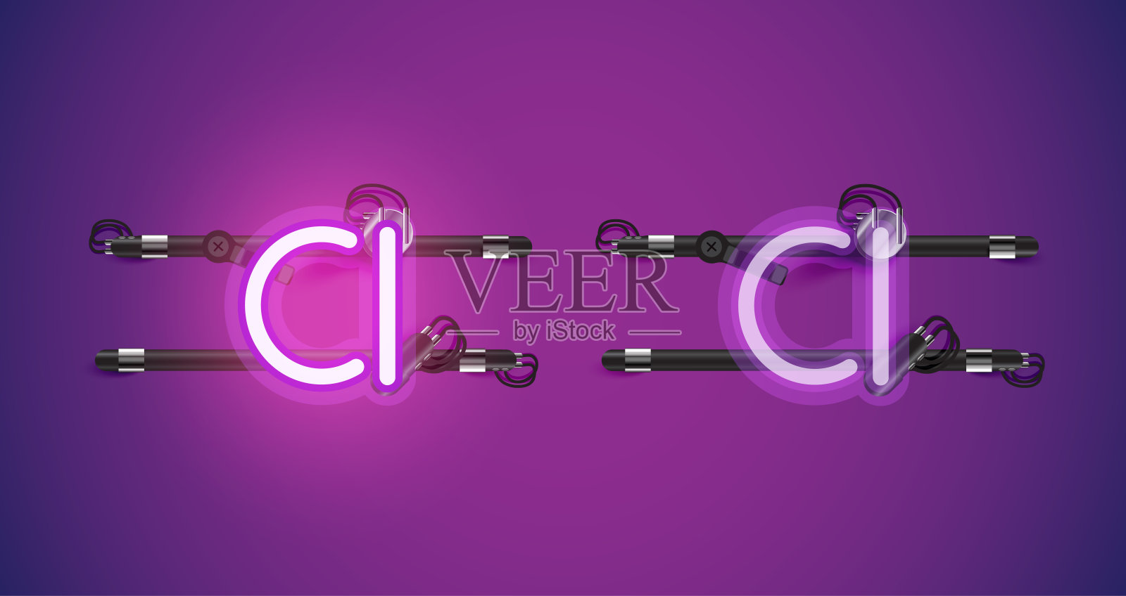 现实的发光紫色霓虹灯字符和关插画图片素材