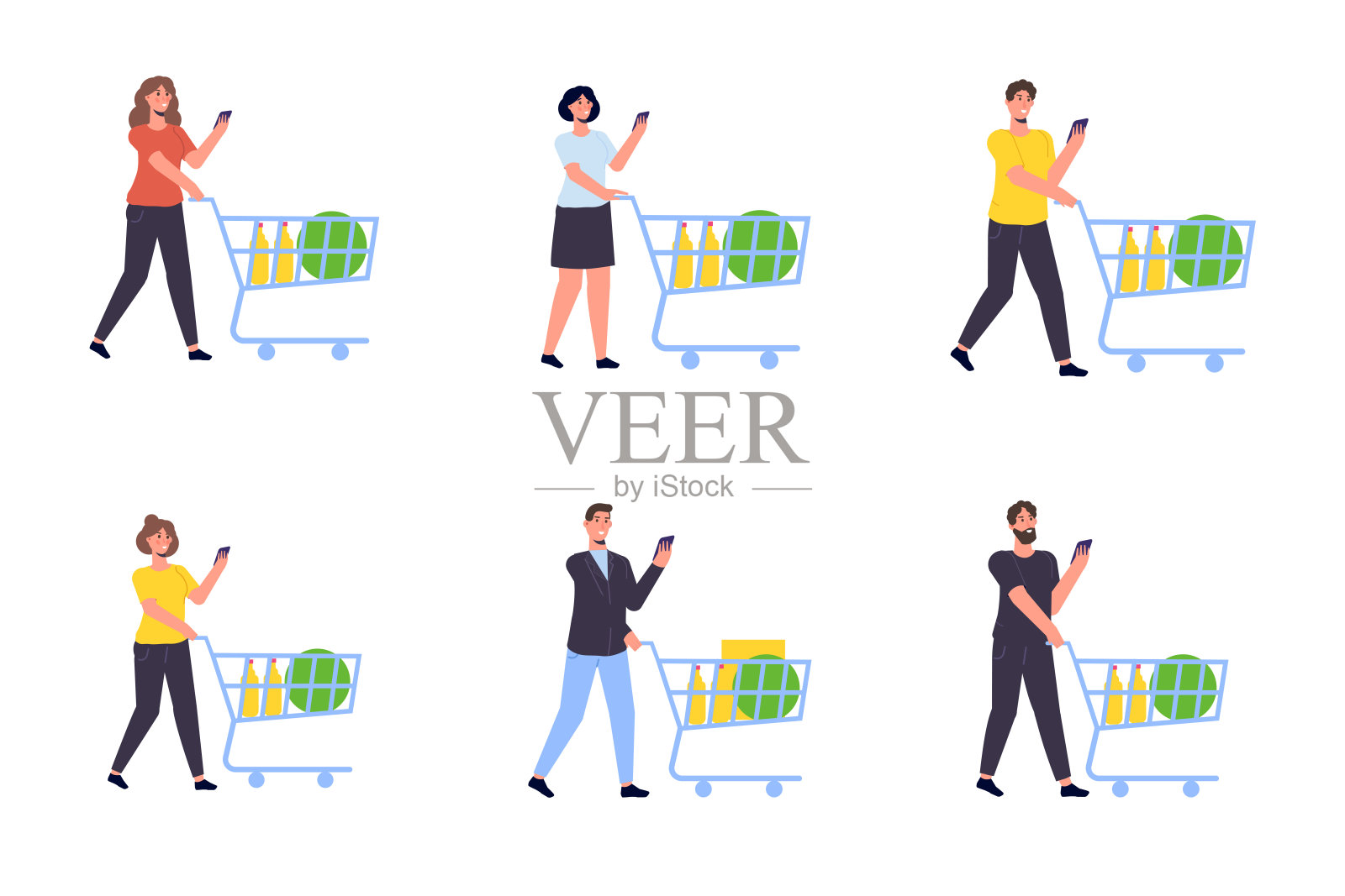 人物与杂货店购物车。向量孤立的插图插画图片素材