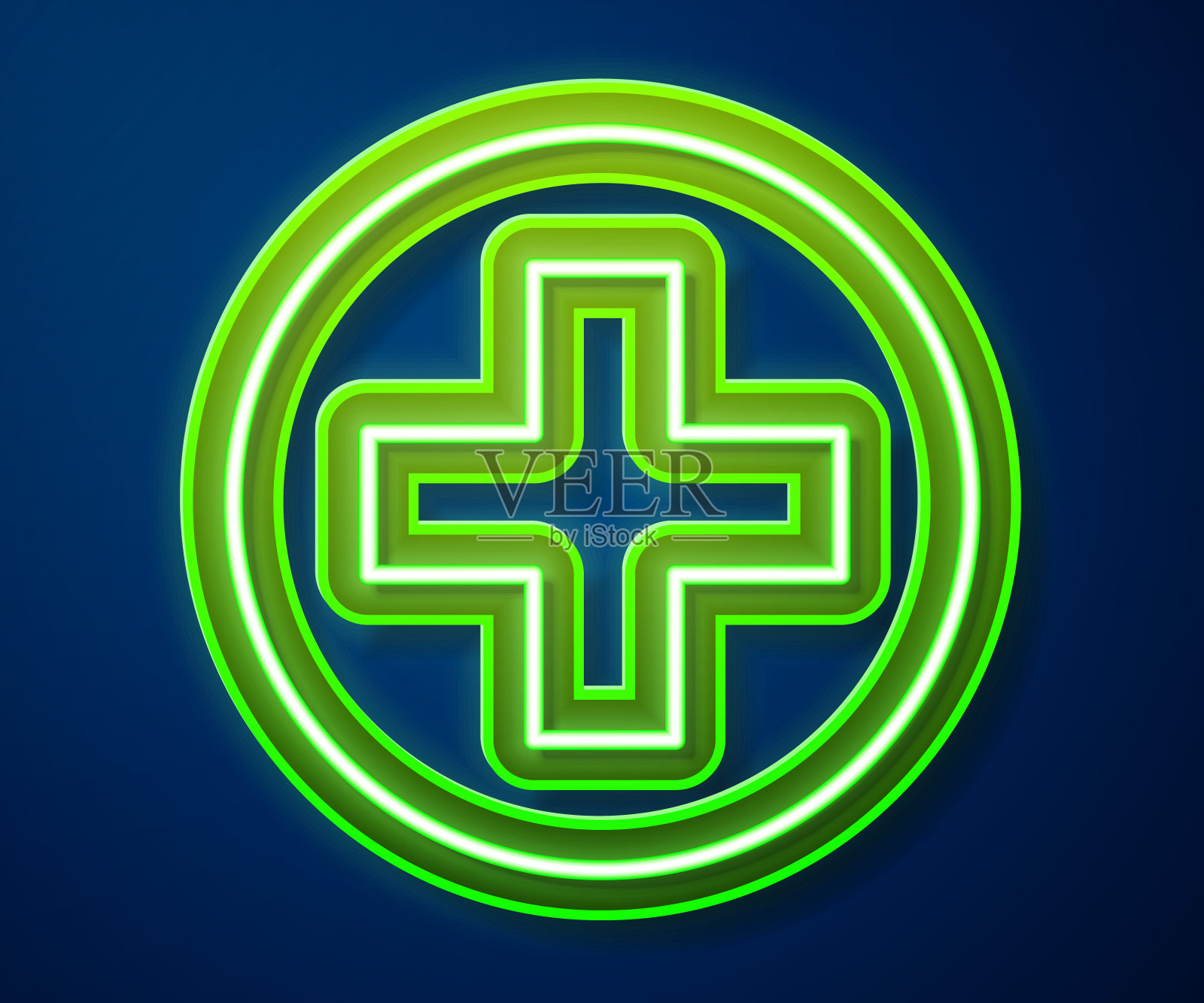 发光的霓虹线十字医院医疗图标孤立在蓝色背景。急救。诊断的象征。药品和药房标志。矢量图插画图片素材