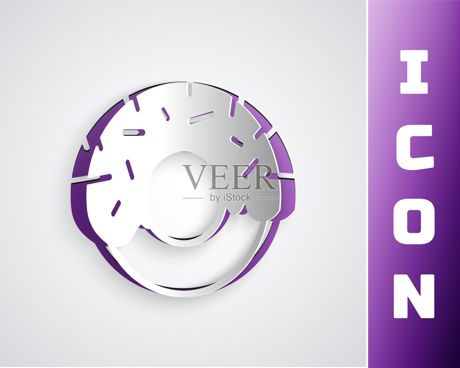 剪纸甜甜圈与甜釉图标孤立在灰色背景。纸艺术风格。向量插画图片素材