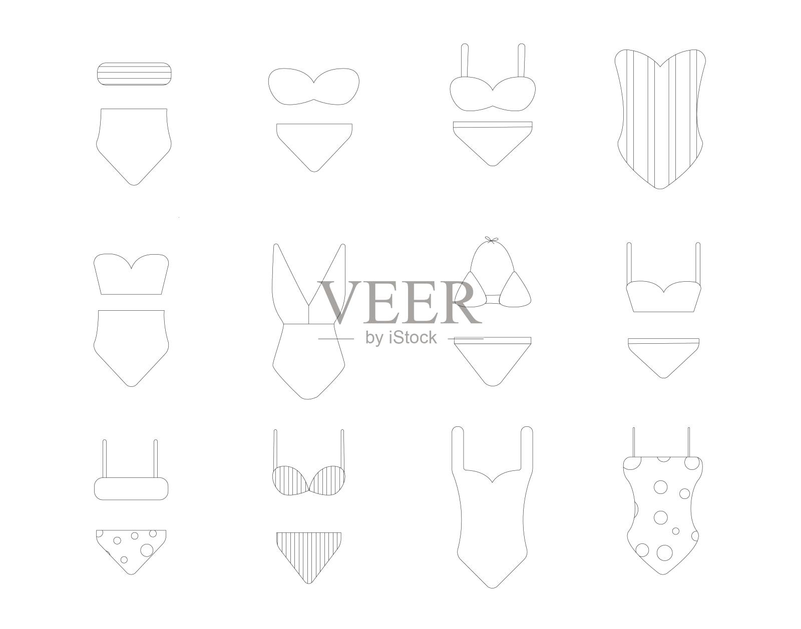 泳装轮廓。夏季泳装设置在平坦的风格插画图片素材