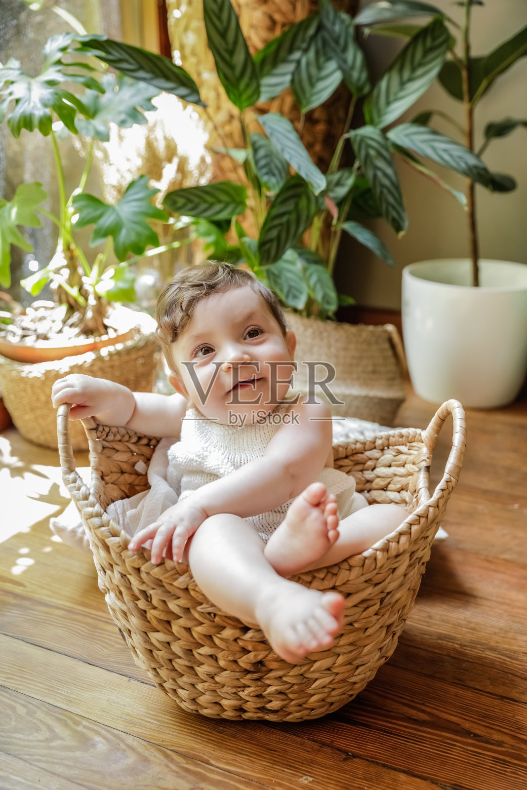 一个一岁的婴儿微笑着在篮子里摆姿势照片摄影图片