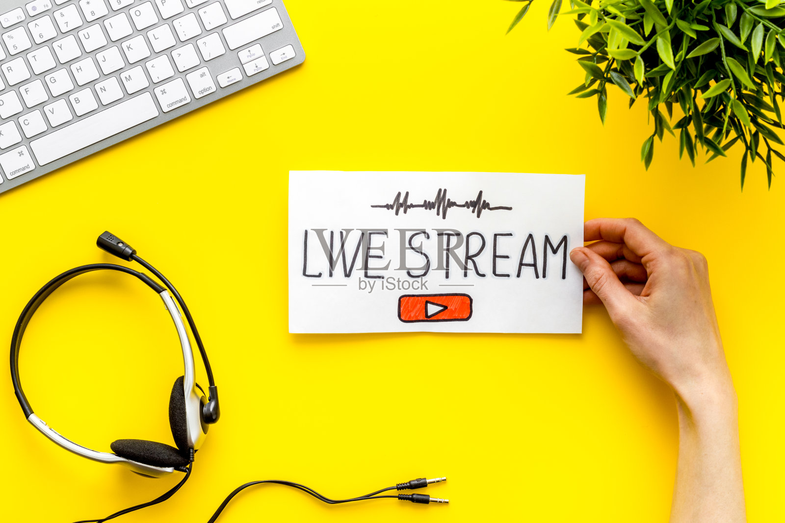 网络直播概念。女性手中握着纸碑。俯视图照片摄影图片