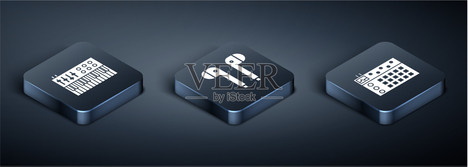 设置等距音乐合成器和鼓机图标素材