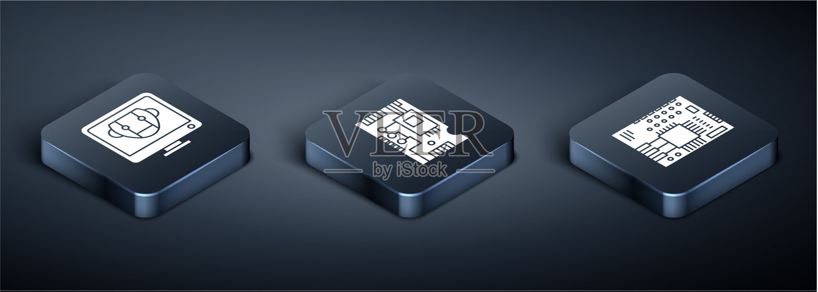 设置等距机器人印刷电路板PCB和图标素材