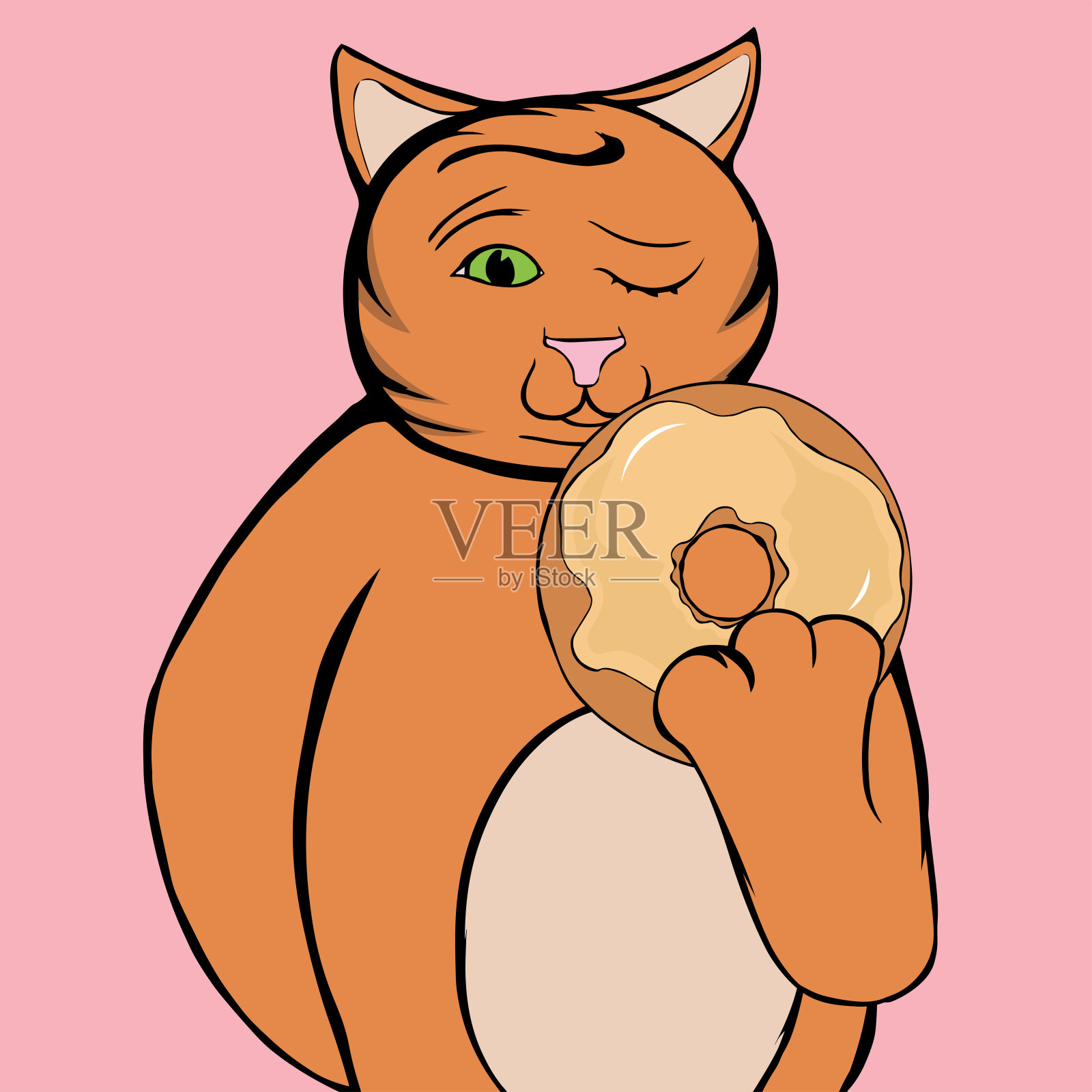 一闪一闪的橙色虎斑猫手里拿着一个焦糖甜甜圈插画图片素材