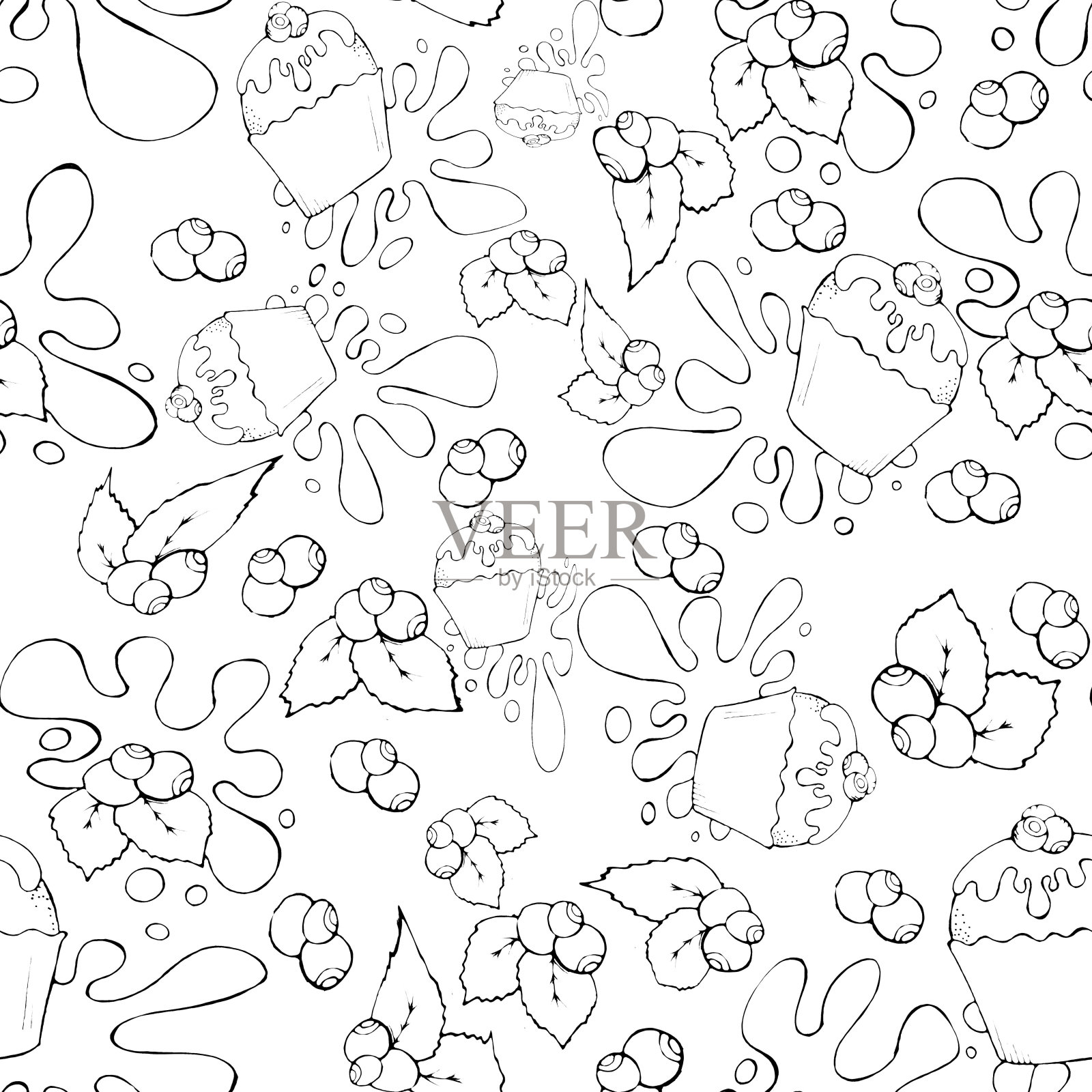 无缝模式与蓝莓和纸杯蛋糕的设计和创意插画图片素材