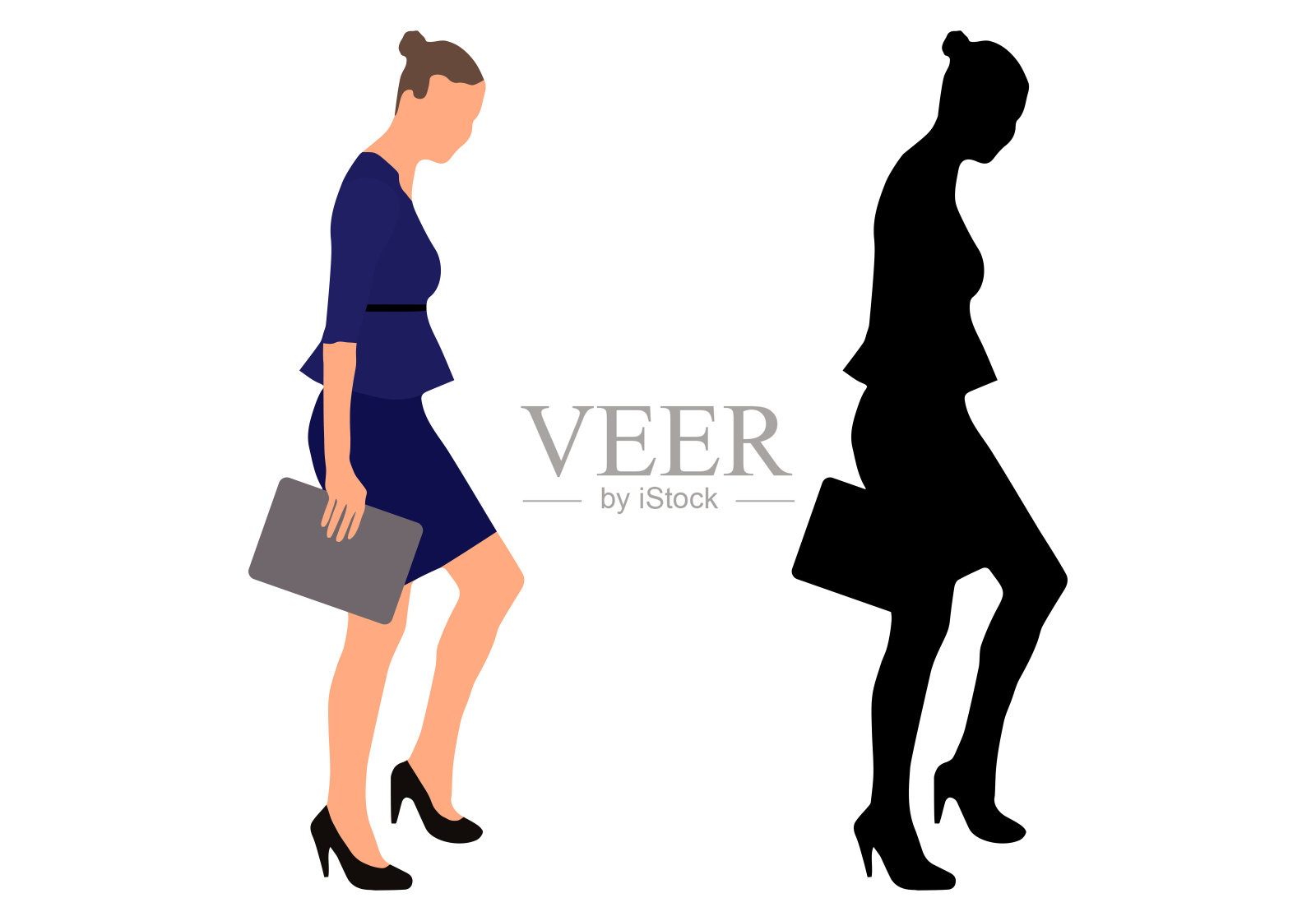 女商人事业的第一步。女人手里拿着文件。颜色和黑色轮廓，平面设计。矢量图设计元素图片