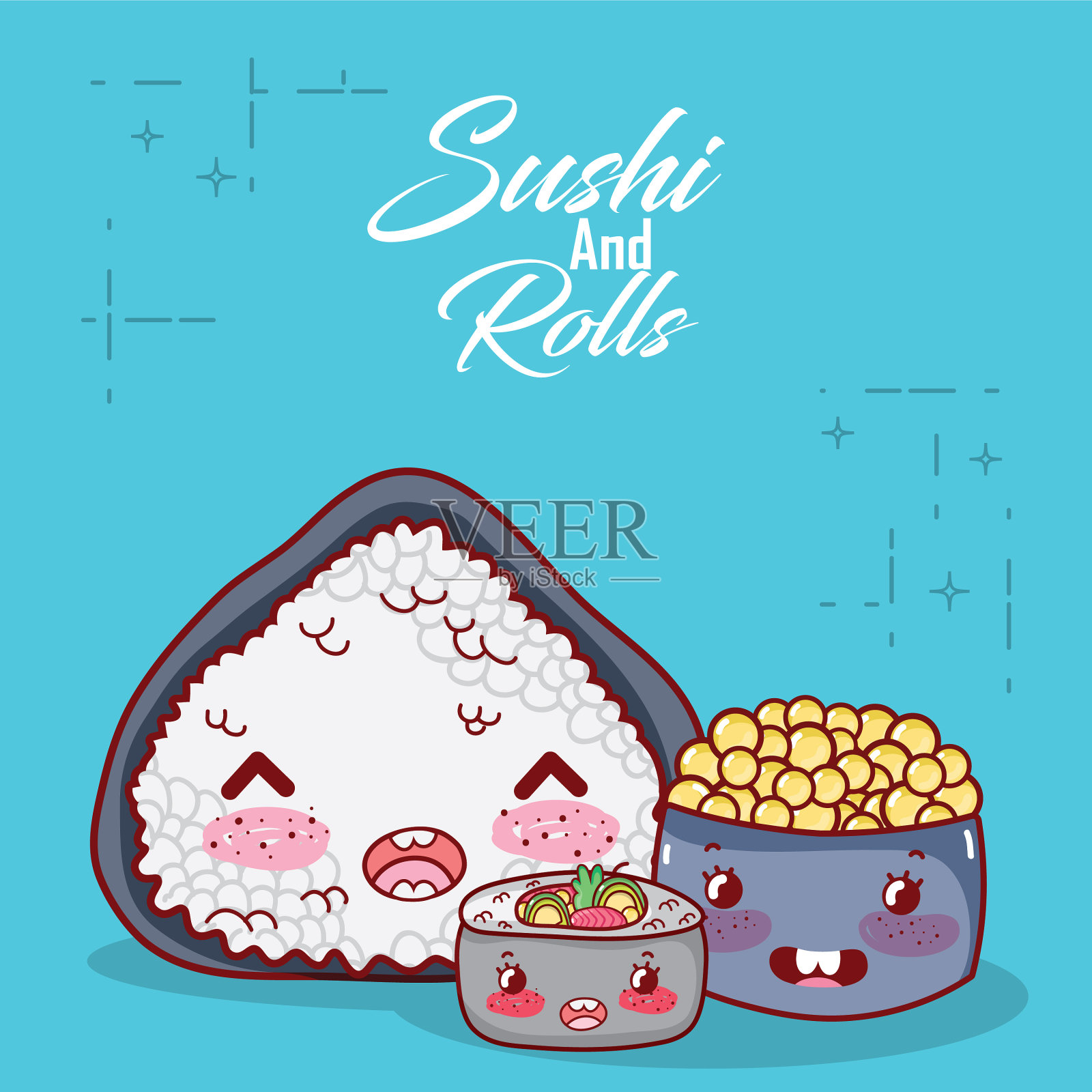 卡哇伊米卷汤和日本鱼子酱食品插画图片素材