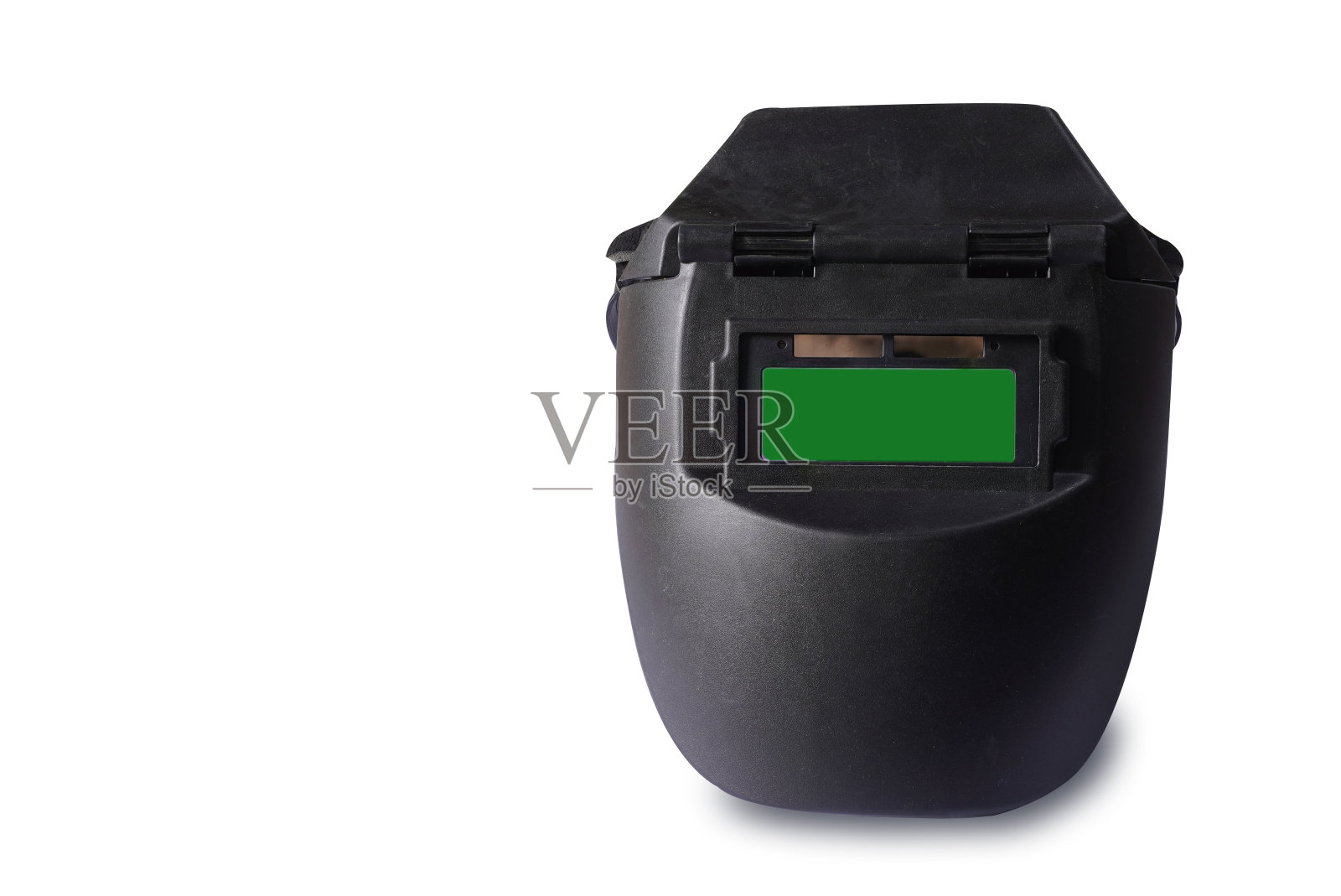 黑色、橙色塑料焊接防护面罩头盔。在孤立的白色背景上复制空间。照片摄影图片