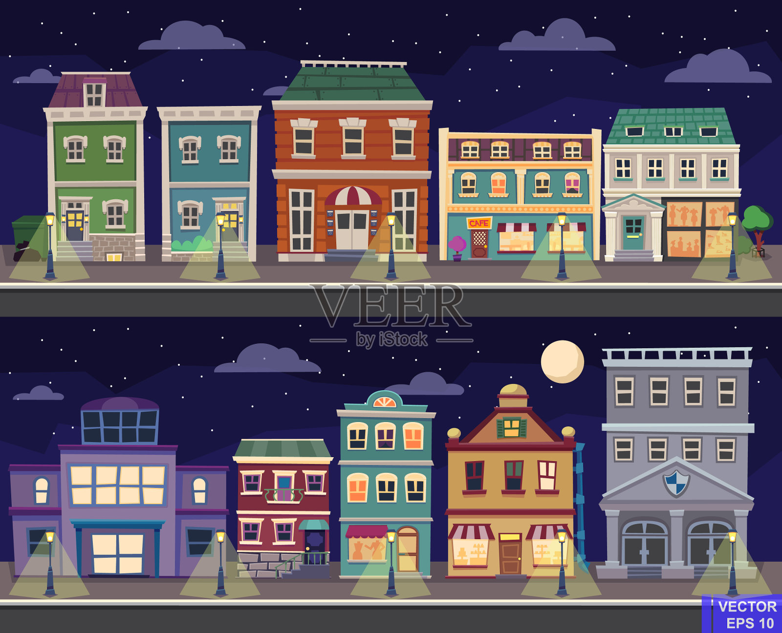 卡通复古城市房屋立面景观老插画图片素材