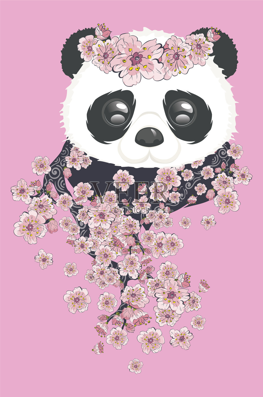 熊猫用樱花枝插画图片素材