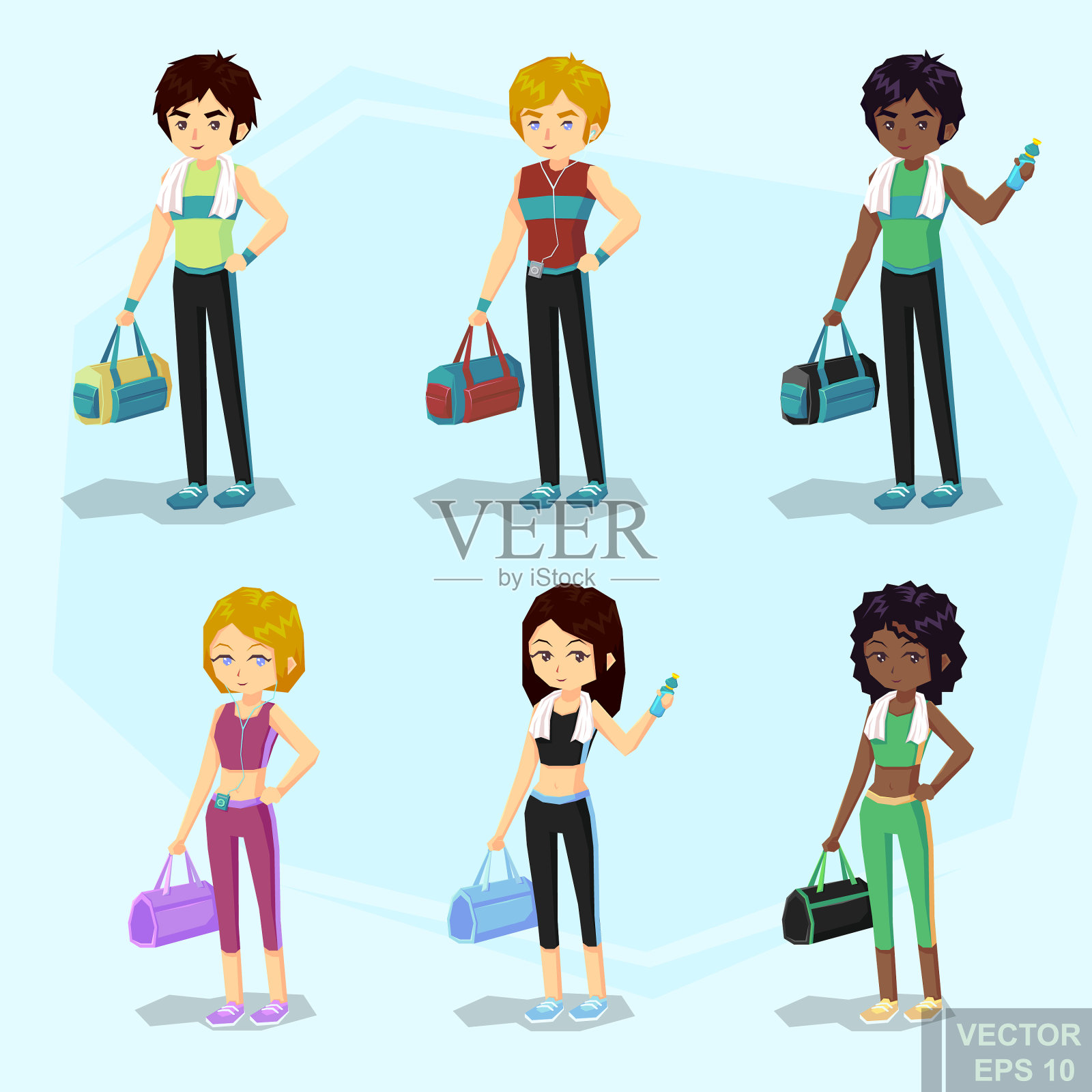 年轻合身的金发女人和男人穿着运动服插画图片素材