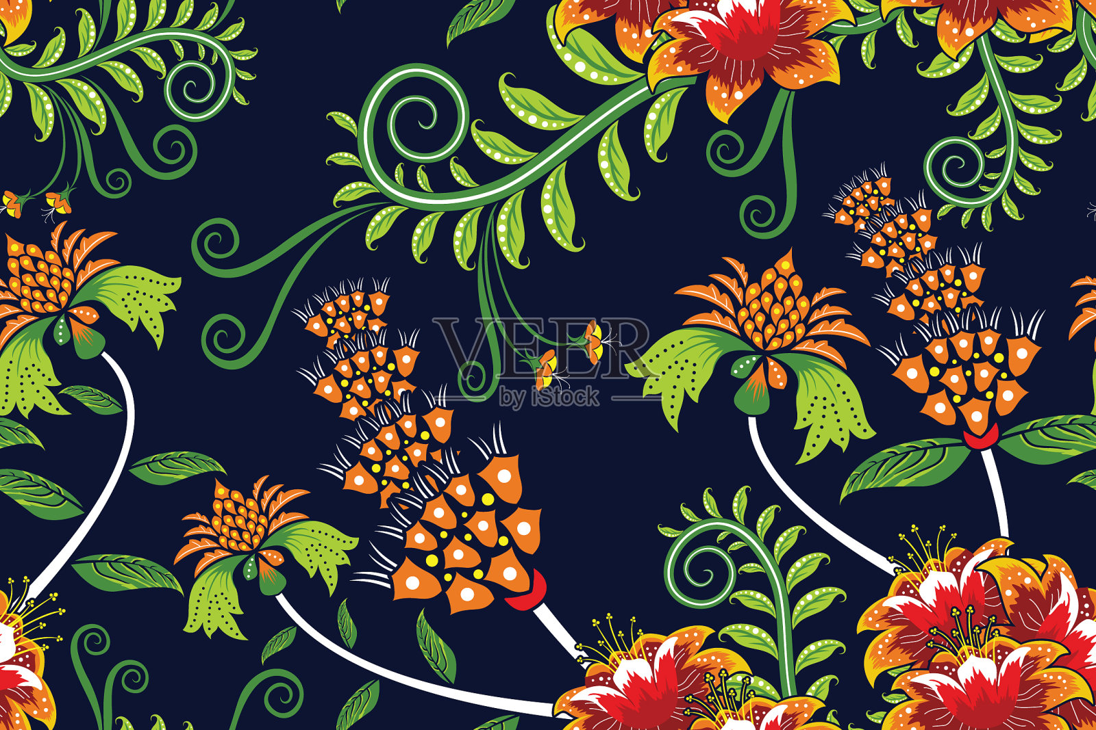无缝图案与花卉热带蜡染图案插画图片素材