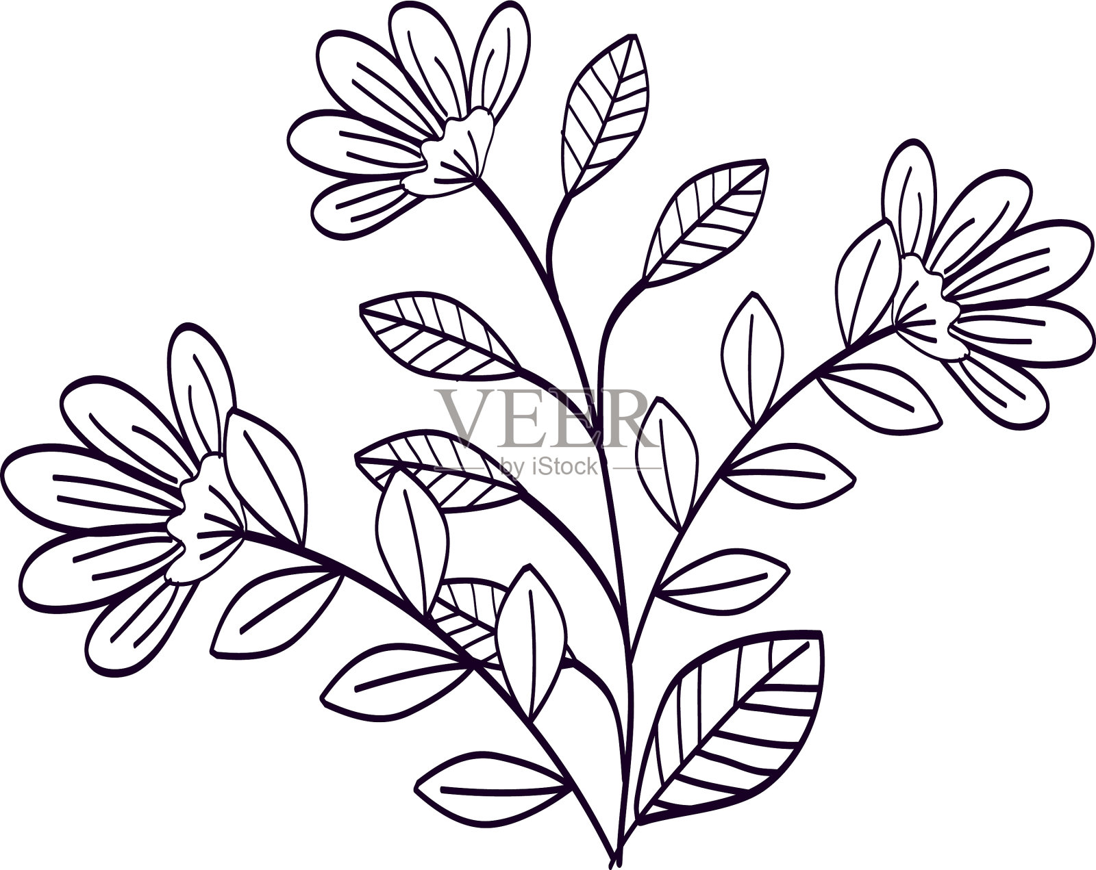 可爱的花朵具有枝和叶的线条风格设计元素图片