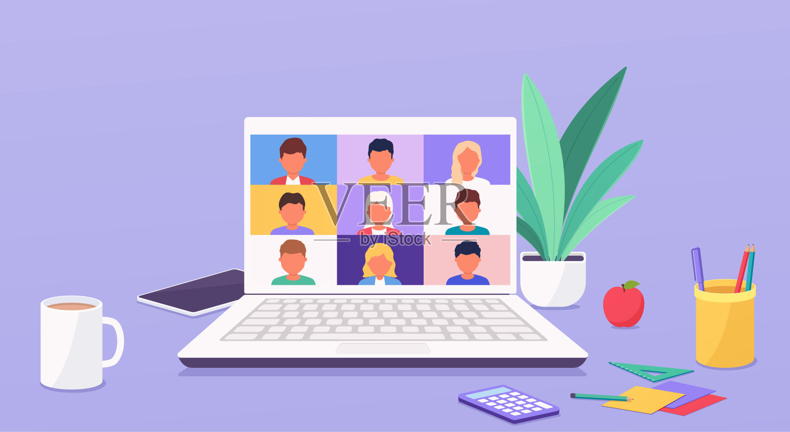 人们在家里通过笔记本电脑远程会议进行在线交流或学习。视频会议电话。插画图片素材