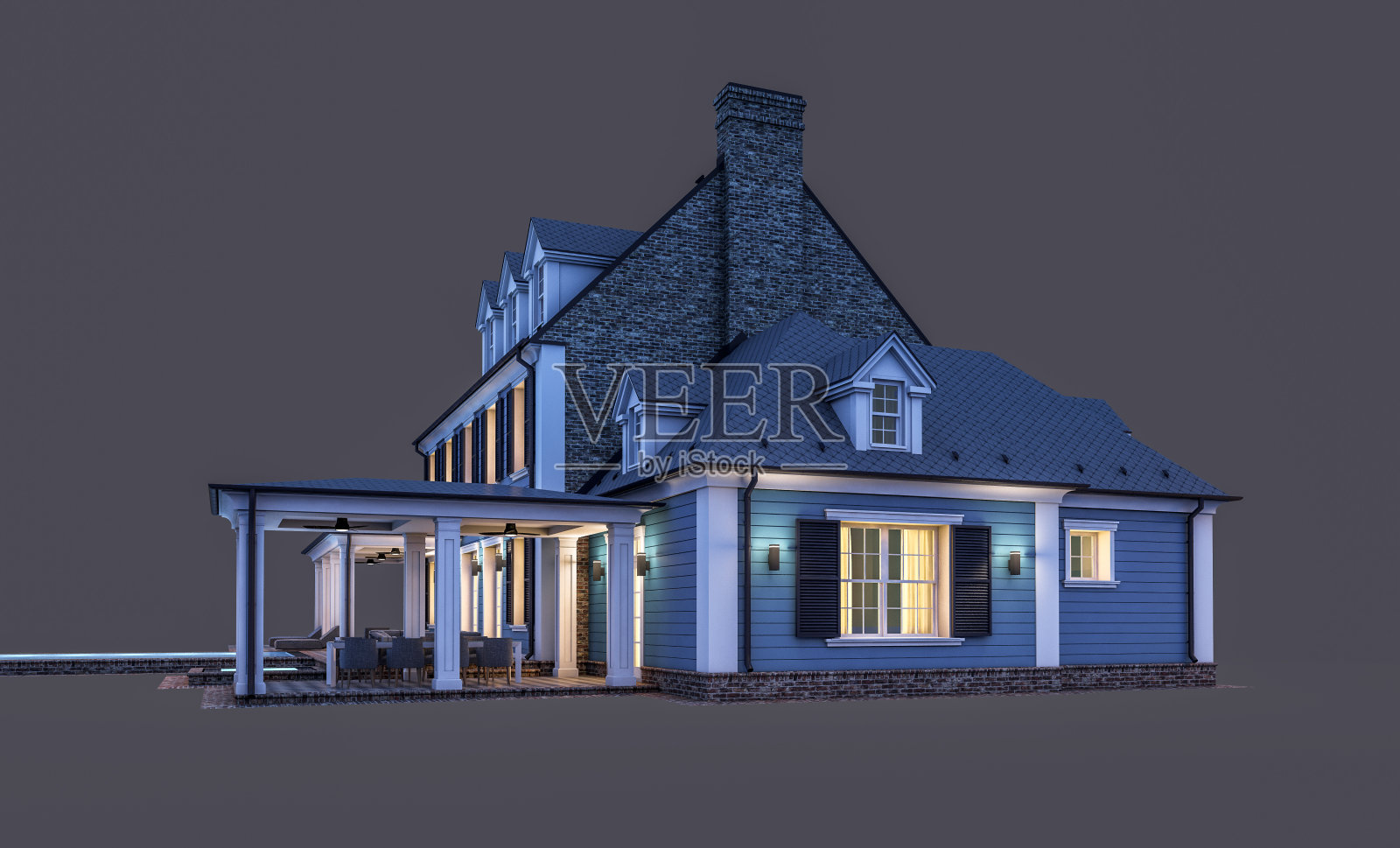 3D渲染现代殖民风格房屋夜景照片摄影图片