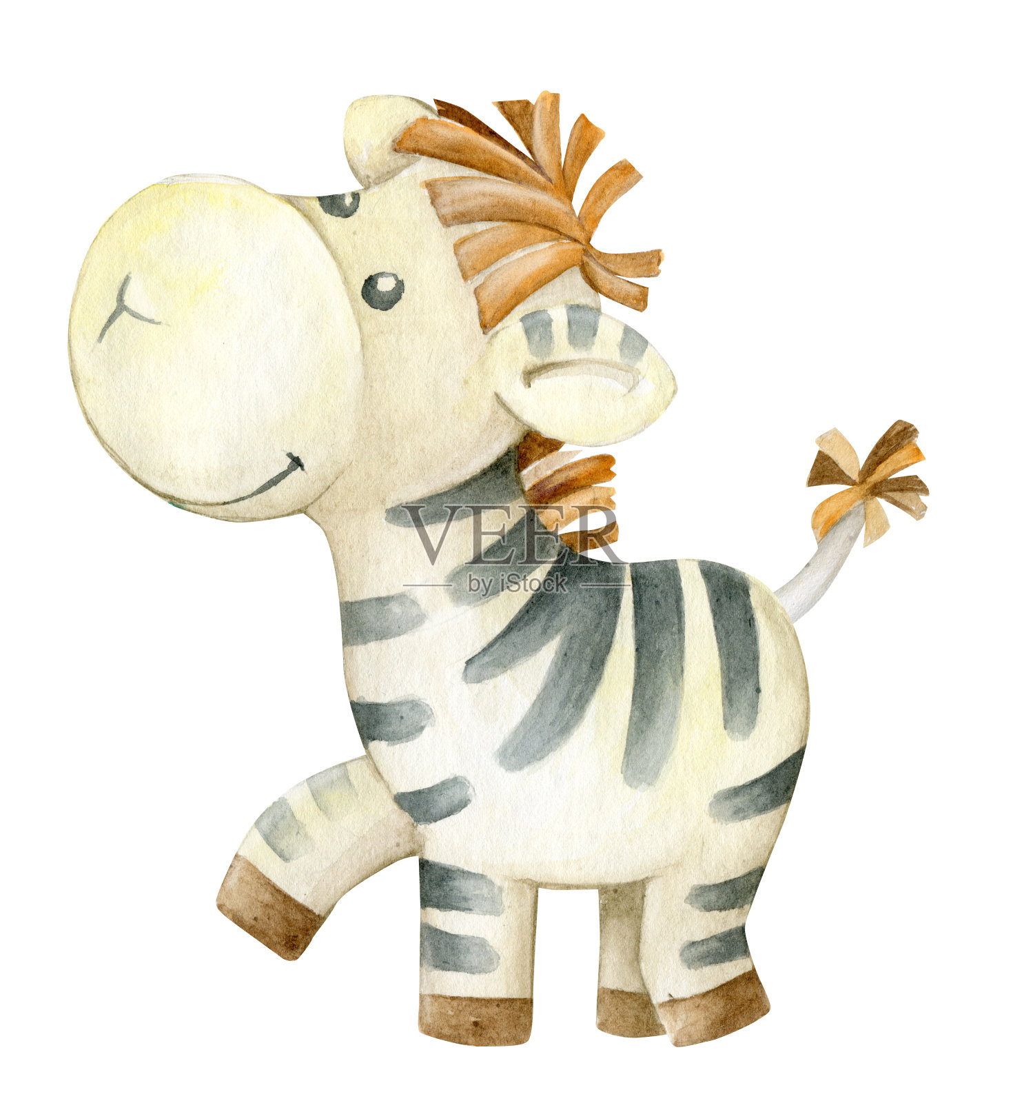 斑马，水彩手绘，在一个孤立的背景。可爱的动物，卡通风格。插画图片素材