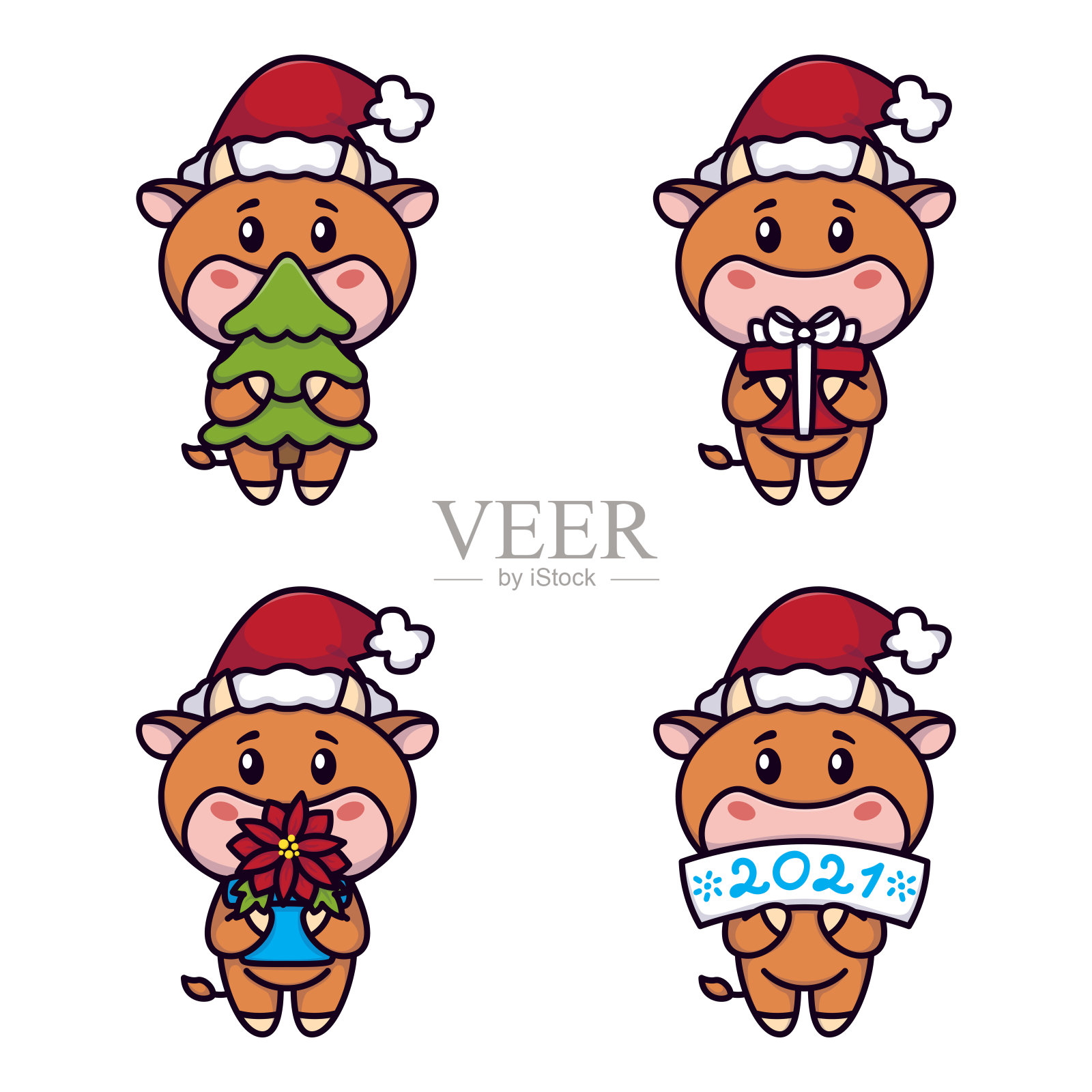 牛年快乐，奶牛与 spruce tree、礼品、一品红花新年圣诞贺卡矢量素材。2021中国生肖插画图片素材